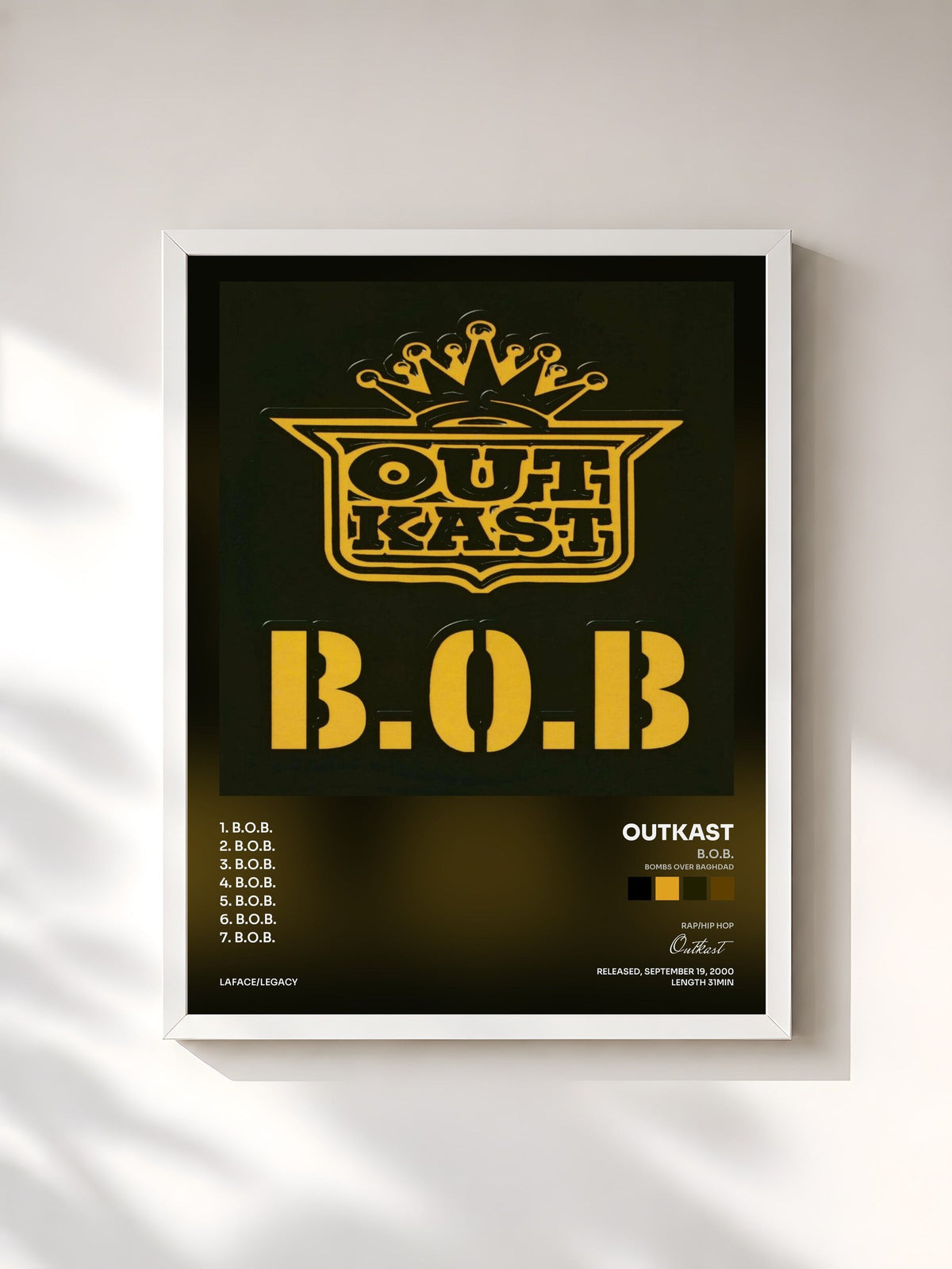 #blanc Tableau de l'album B.O.B. (Bombs Over Baghdad) de Outkast, cadre blanc, imprimé et encadré en France