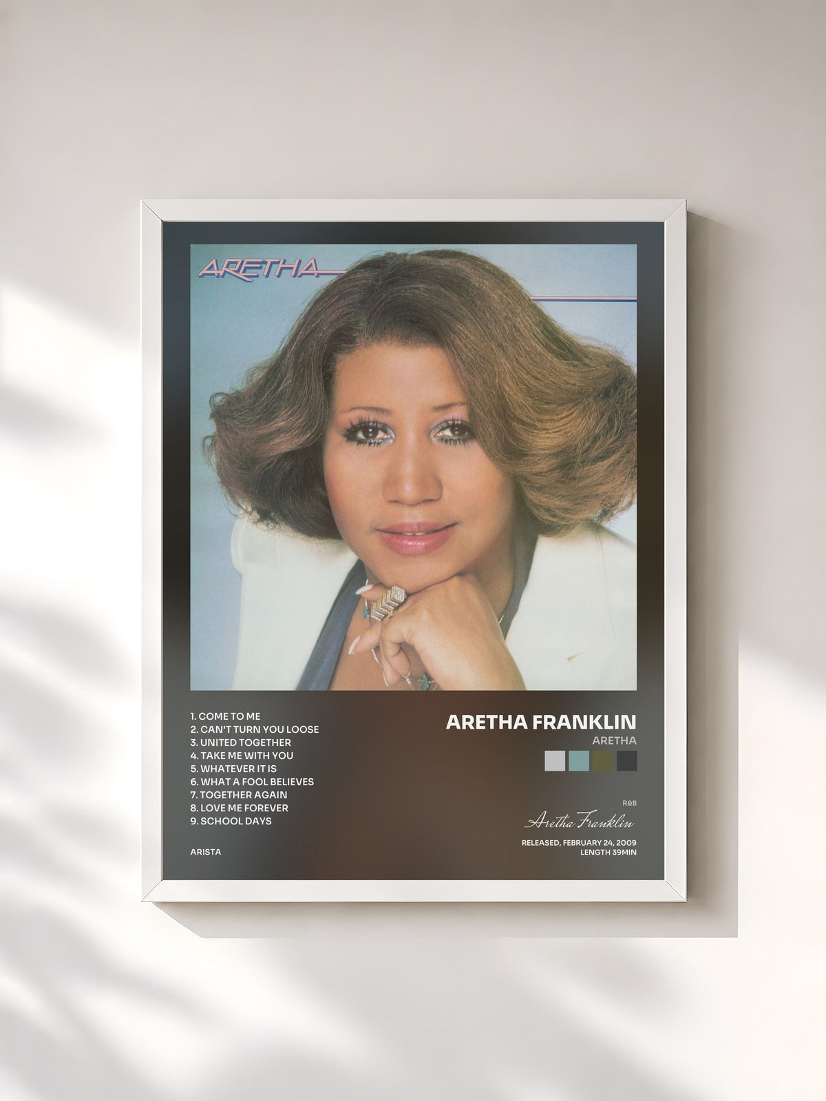 #blanc Tableau de l'album Aretha de Aretha Franklin, cadre blanc, imprimé et encadré en France