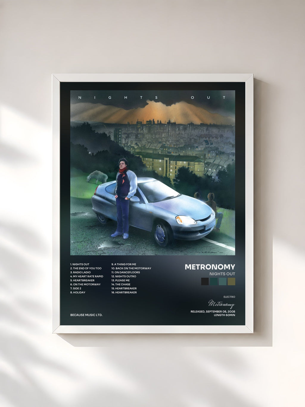 #blanc Tableau de l'album Nights Out de Metronomy, cadre blanc, imprimé et encadré en France