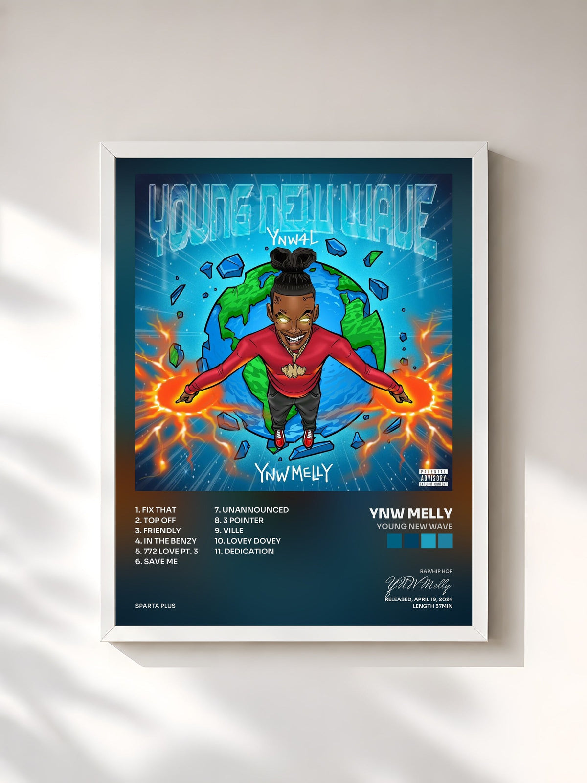 #blanc Tableau de l'album Young New Wave de YNW Melly, cadre blanc, imprimé et encadré en France