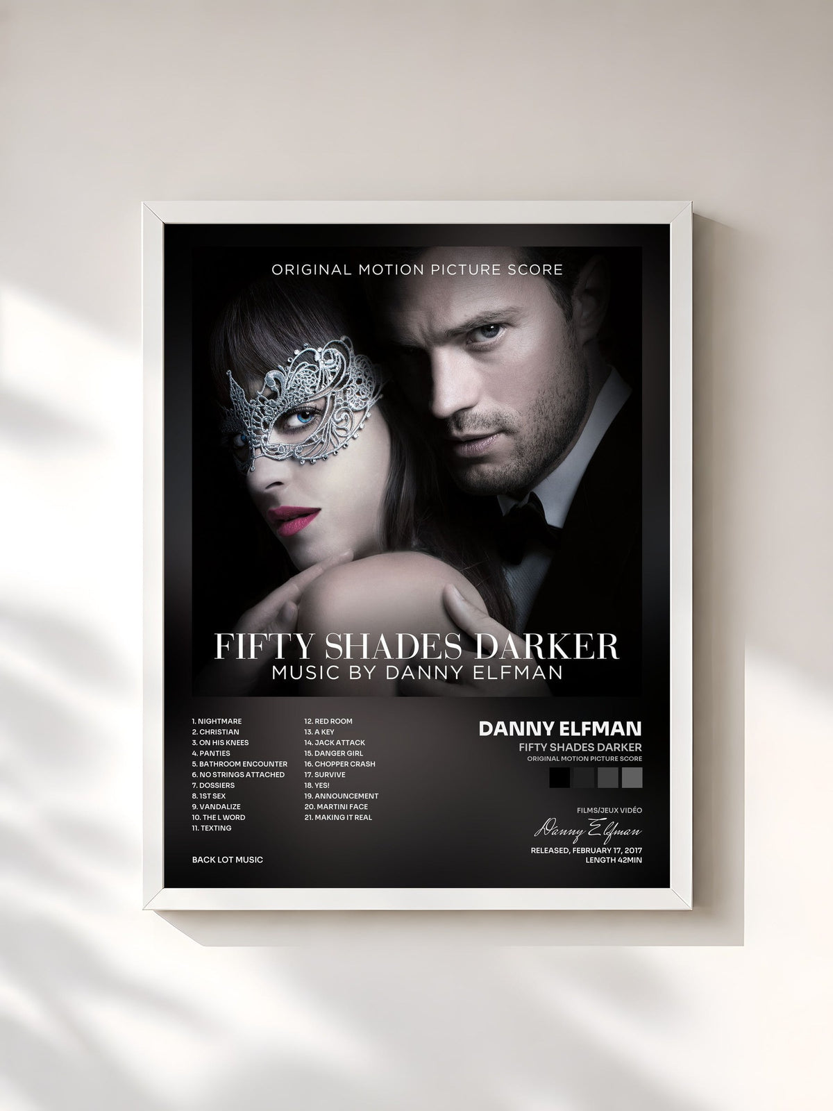 #blanc Tableau de l'album Fifty Shades Darker (Original Motion Picture Score) de Danny Elfman, cadre blanc, imprimé et encadré en France