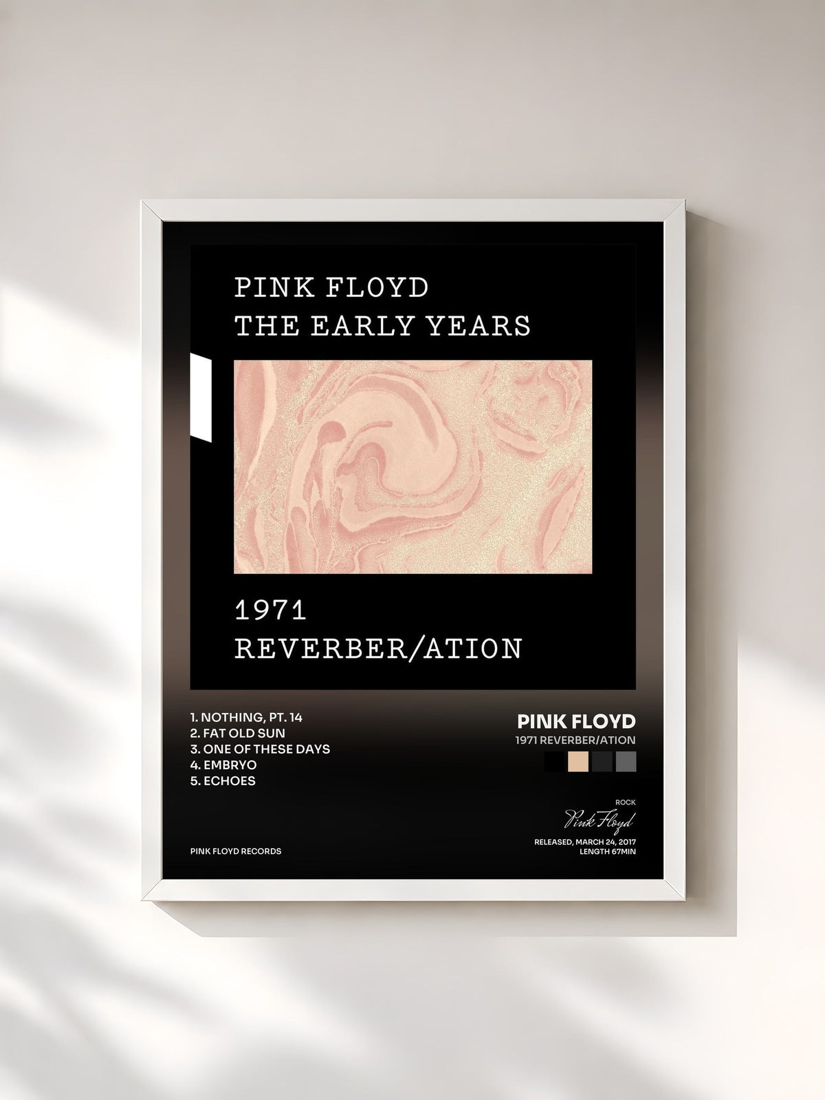 #blanc Tableau de l'album 1971 Reverber/ation de Pink Floyd, cadre blanc, imprimé et encadré en France