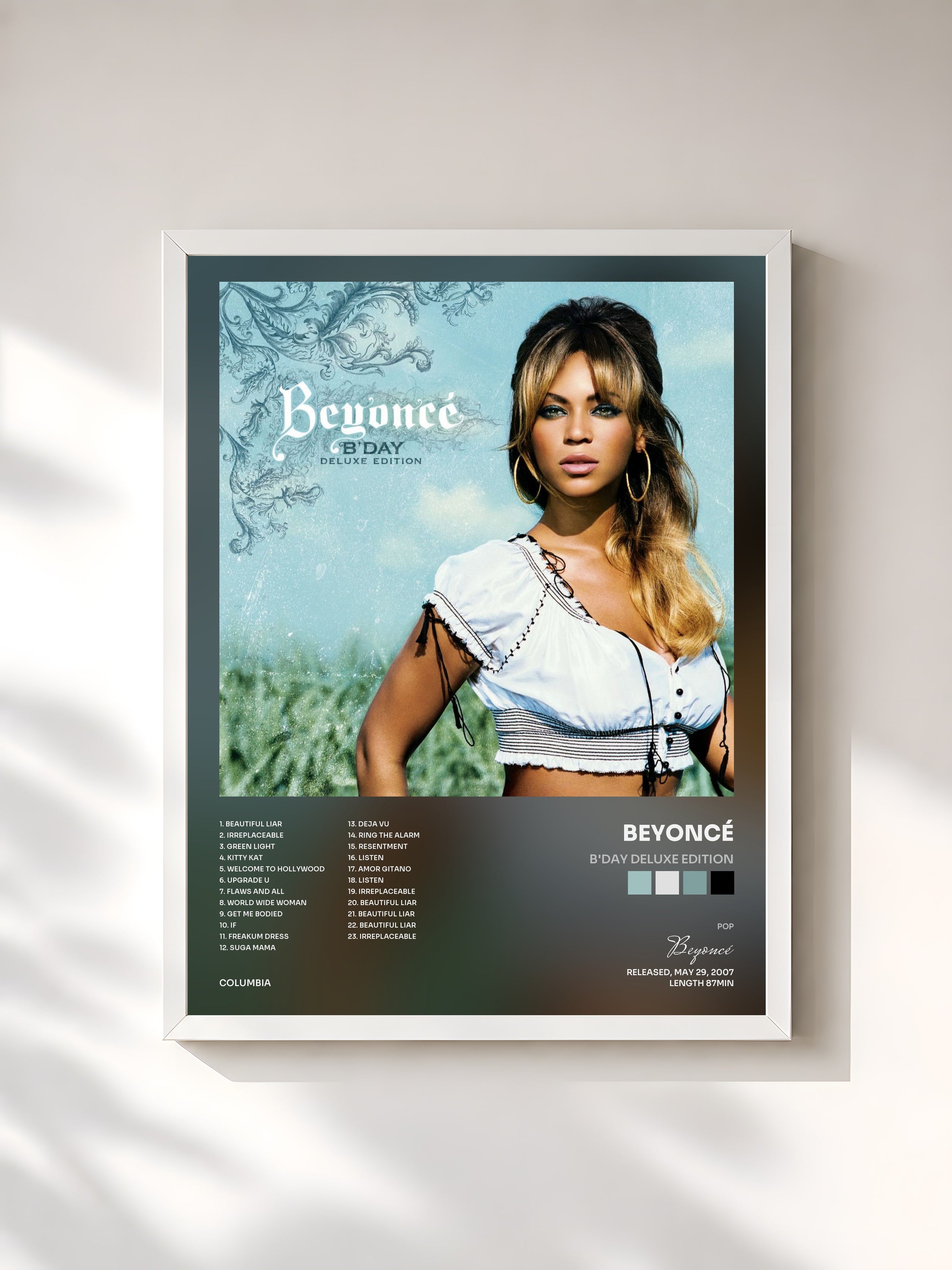 #blanc Tableau de l'album B'Day Deluxe Edition de Beyoncé, cadre blanc, imprimé et encadré en France