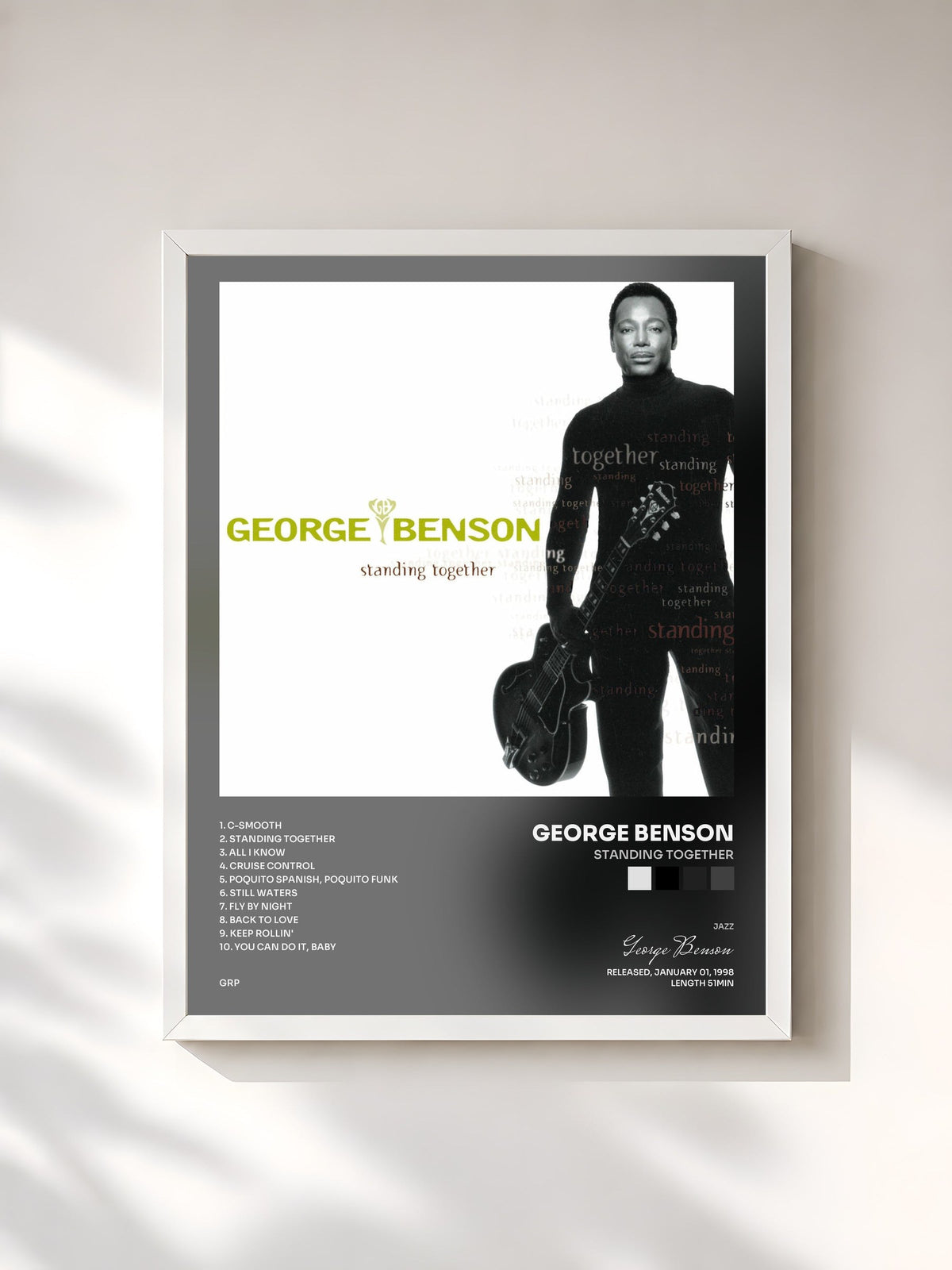 #blanc Tableau de l'album Standing Together de George Benson, cadre blanc, imprimé et encadré en France