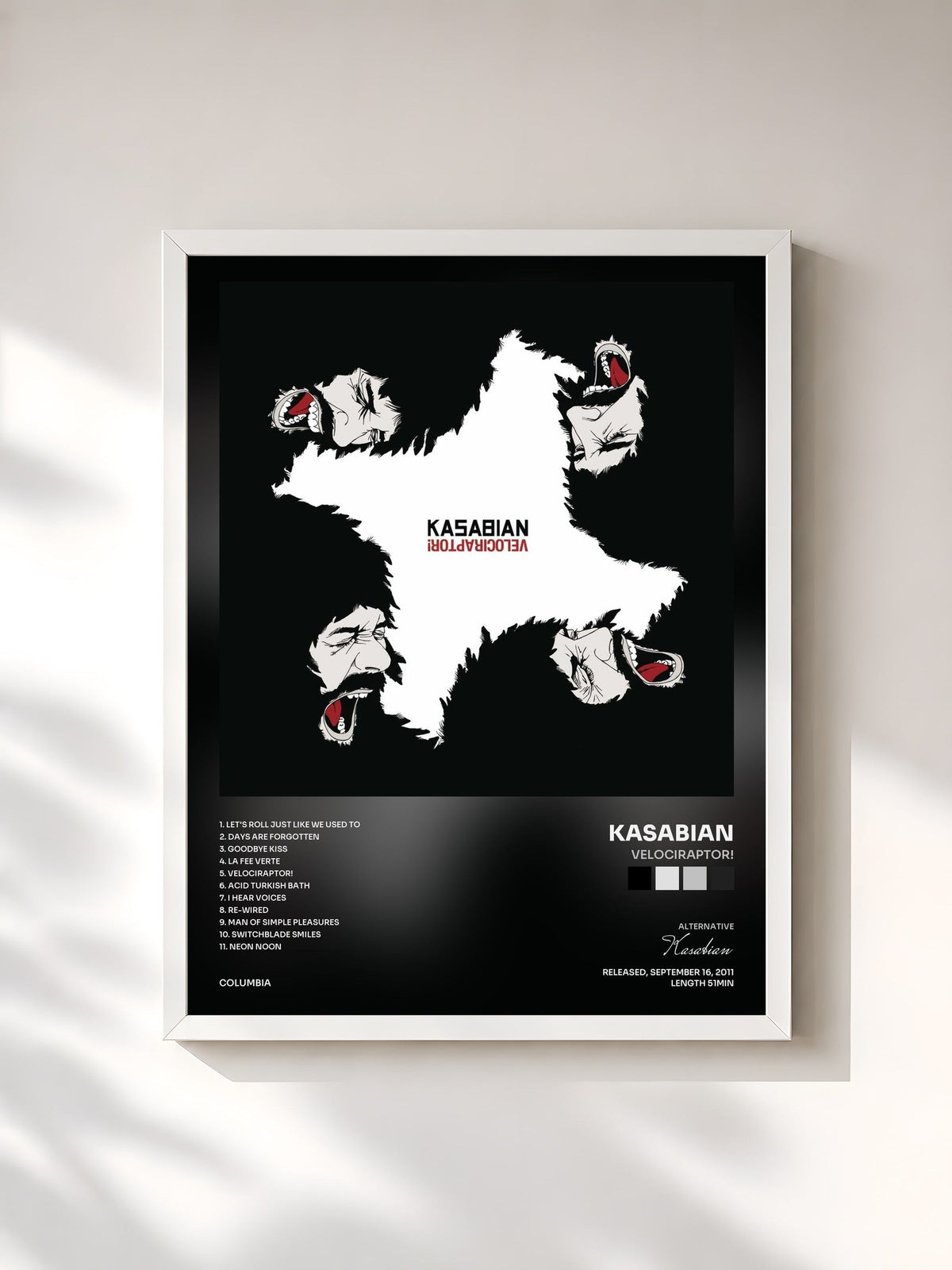 #blanc Tableau de l'album Velociraptor! de Kasabian, cadre blanc, imprimé et encadré en France
