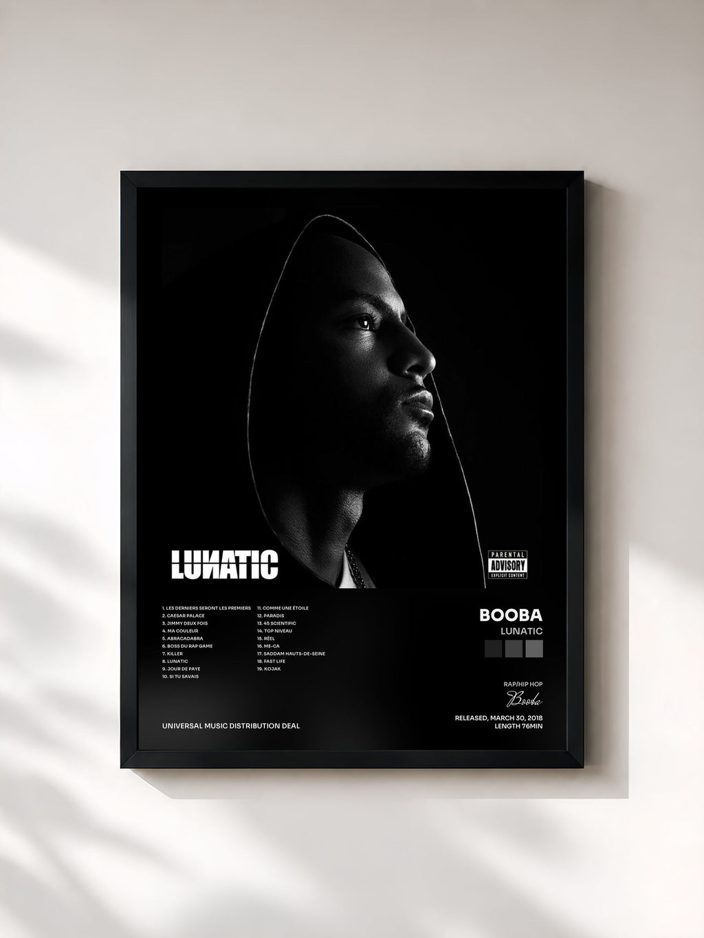#noir Tableau de l'album Lunatic de Booba, cadre noir, imprimé et encadré en France