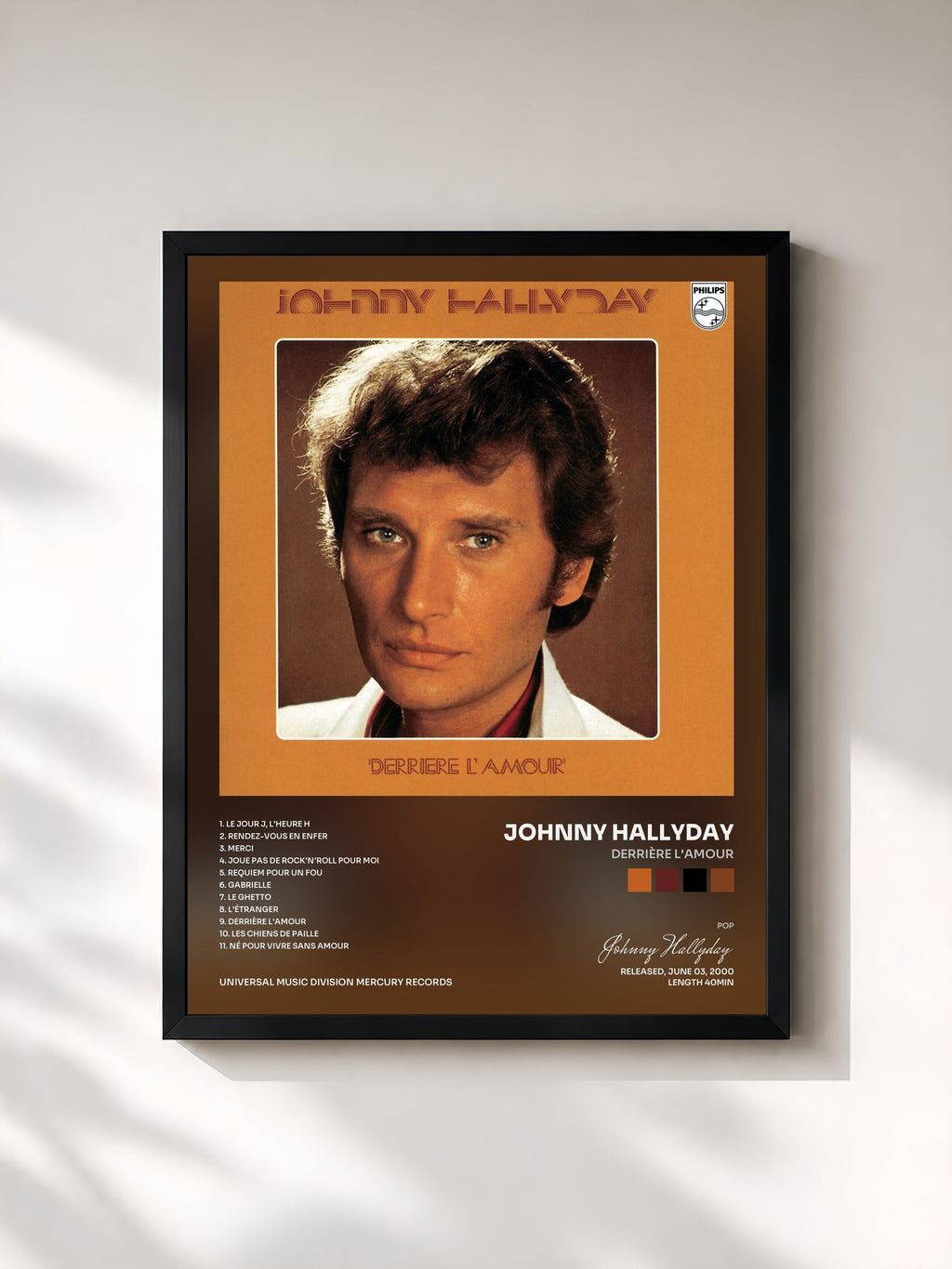 #noir Tableau de l'album Derrière l'amour de Johnny Hallyday, cadre noir, imprimé et encadré en France