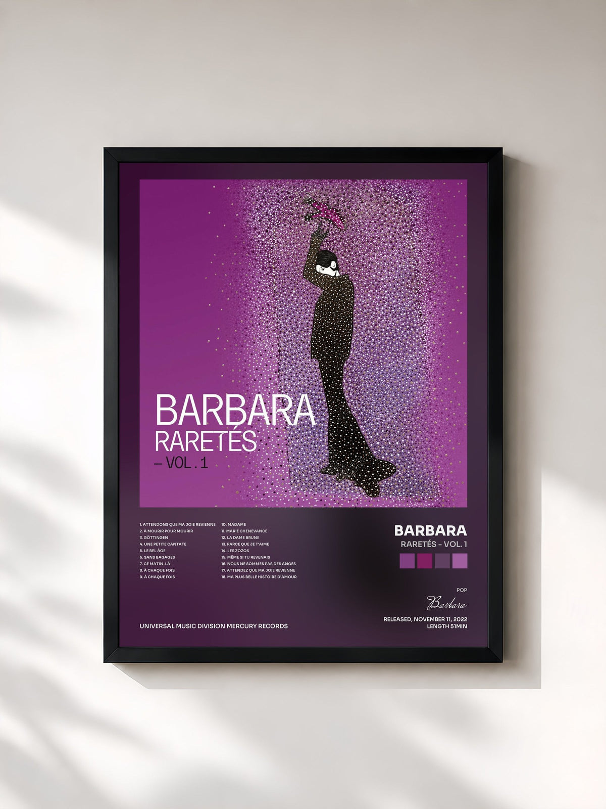 #noir Tableau de l'album Raretés - Vol. 1 de Barbara, cadre noir, imprimé et encadré en France