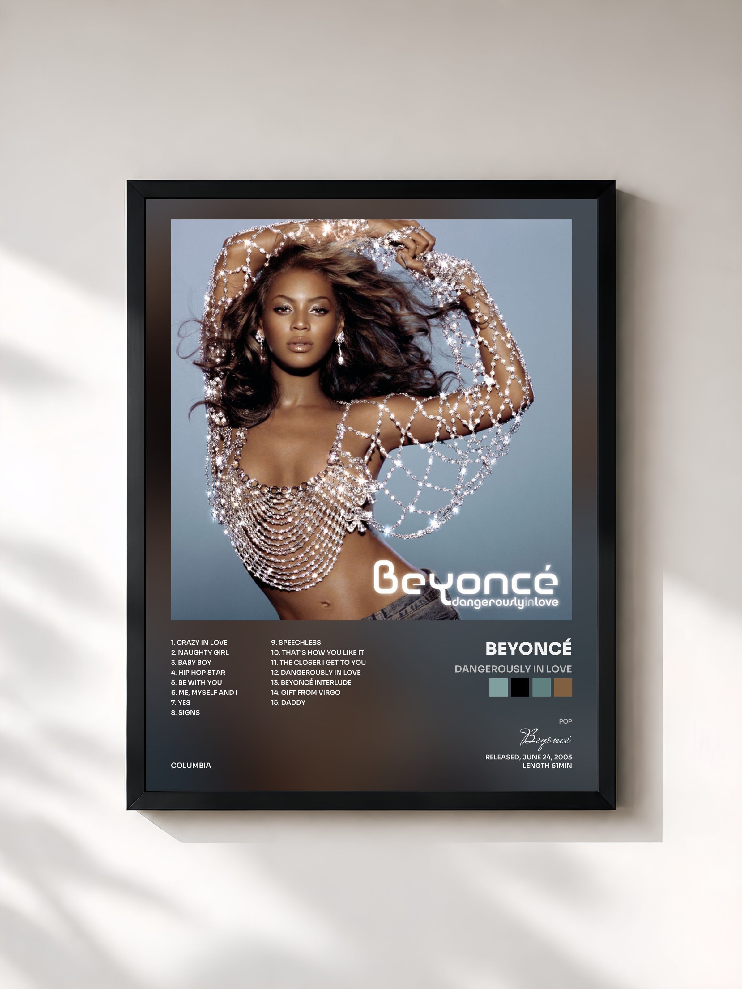 #noir Tableau de l'album Dangerously In Love de Beyoncé, cadre noir, imprimé et encadré en France