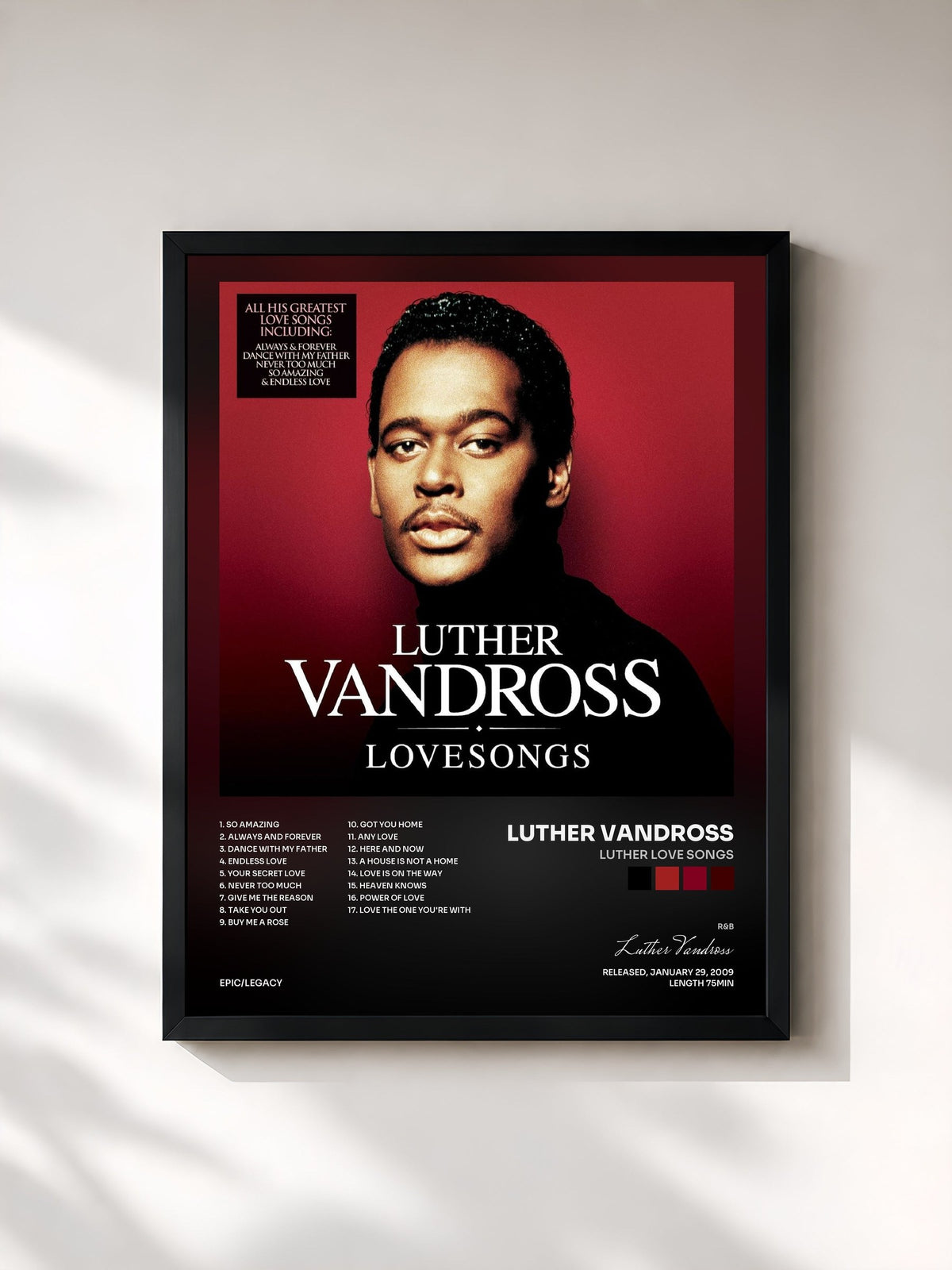 #noir Tableau de l'album Luther Love Songs de Luther Vandross, cadre noir, imprimé et encadré en France
