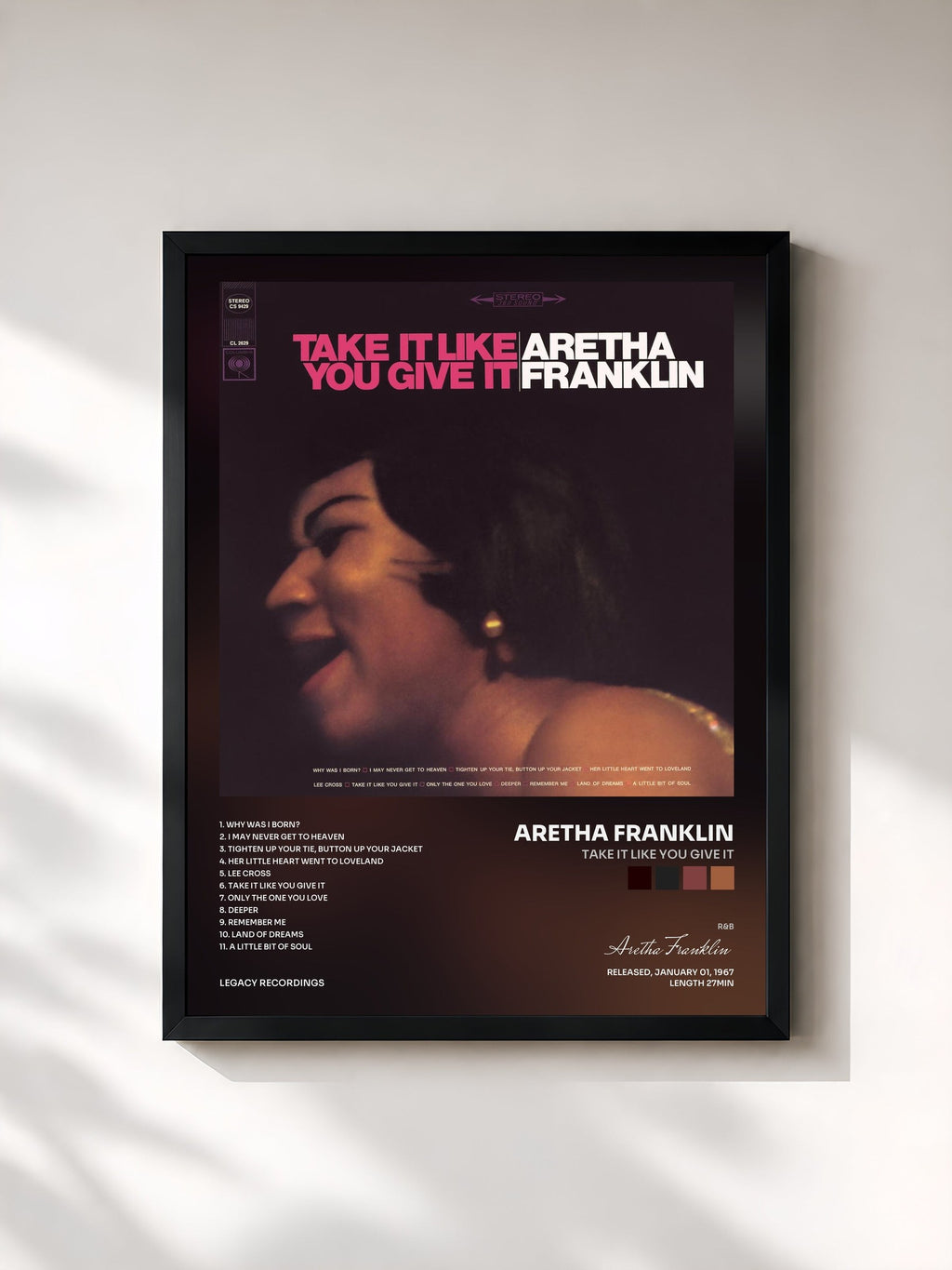 #noir Tableau de l'album Take It Like You Give It de Aretha Franklin, cadre noir, imprimé et encadré en France