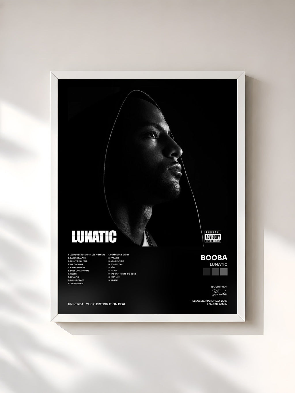 #blanc Tableau de l'album Lunatic de Booba, cadre blanc, imprimé et encadré en France