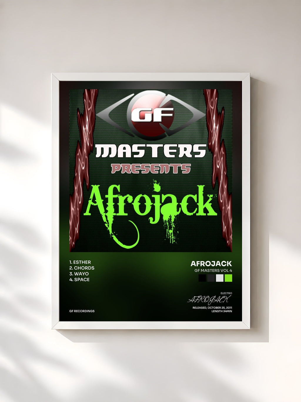 #blanc Tableau de l'album GF Masters Vol 4 de AFROJACK, cadre blanc, imprimé et encadré en France