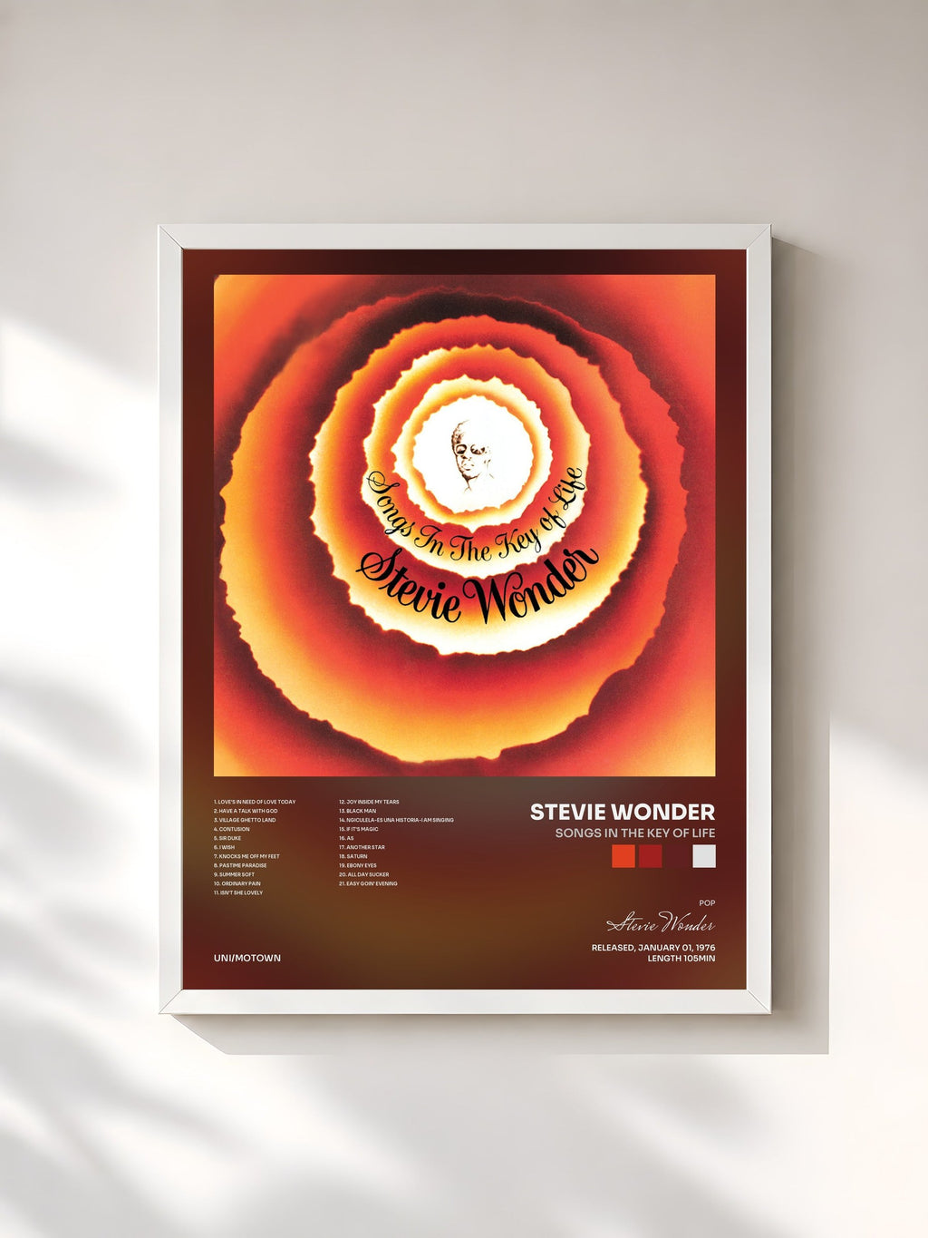 #blanc Tableau de l'album Songs In The Key Of Life de Stevie Wonder, cadre blanc, imprimé et encadré en France