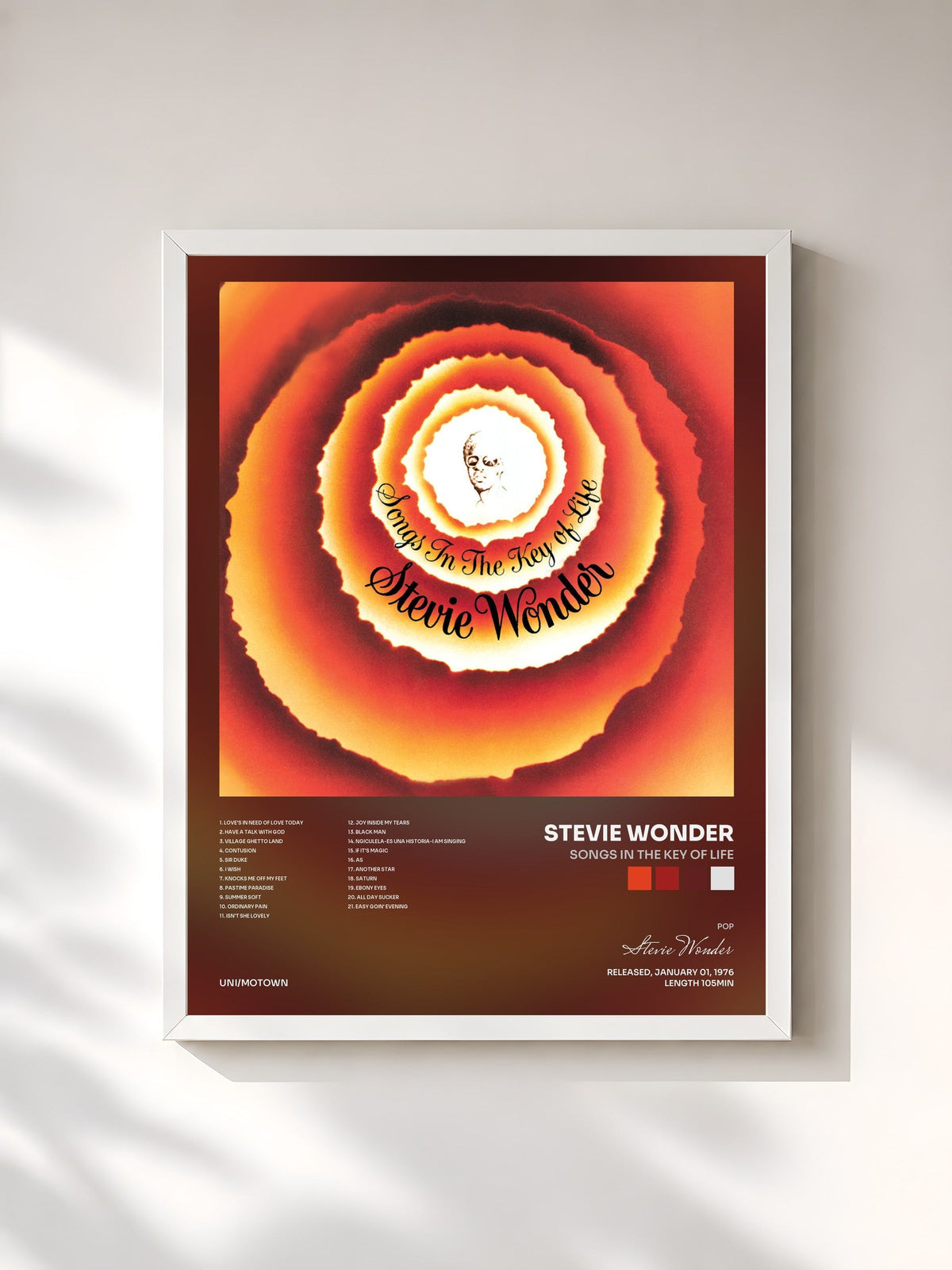 #blanc Tableau de l'album Songs In The Key Of Life de Stevie Wonder, cadre blanc, imprimé et encadré en France