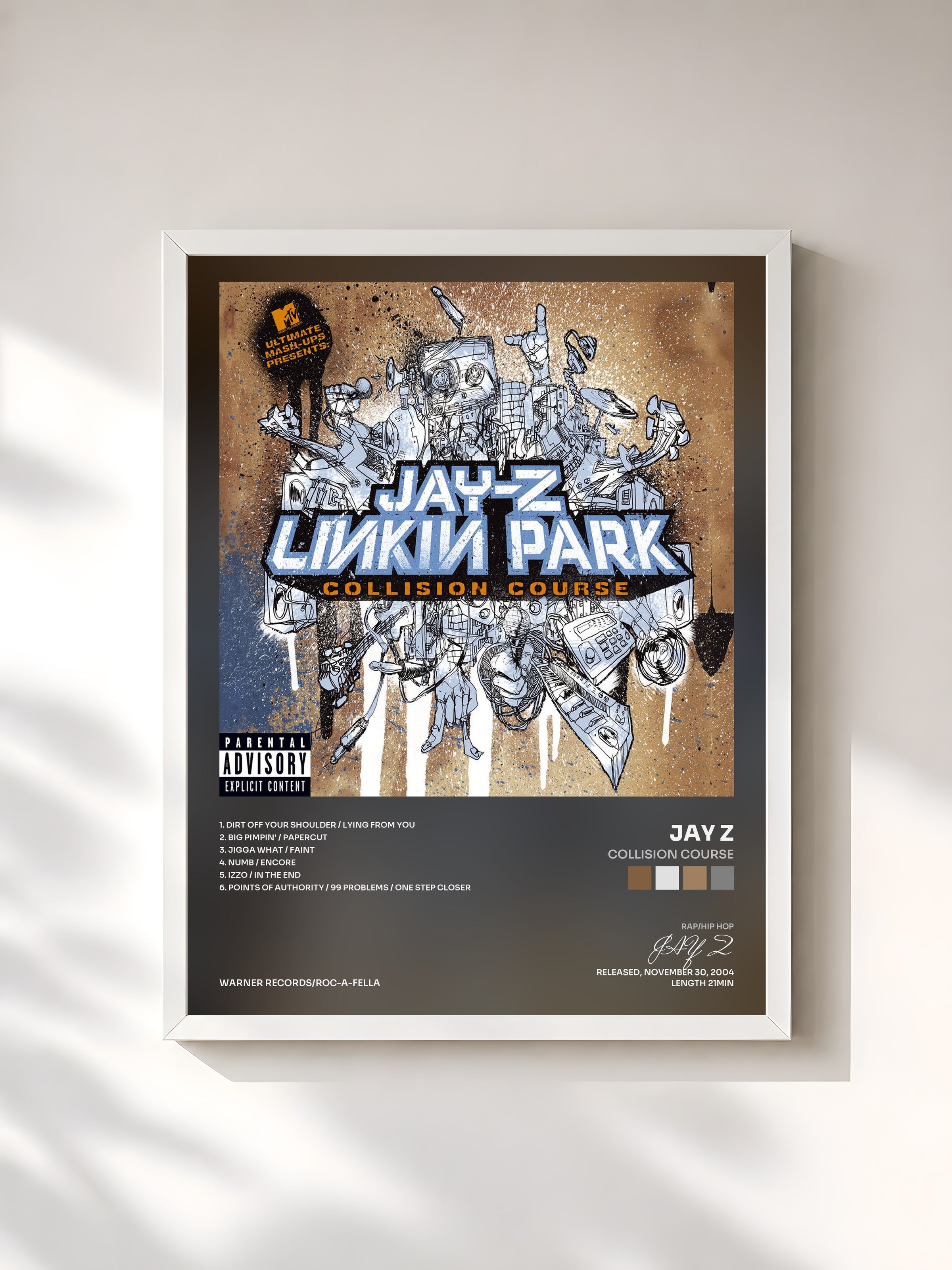 #blanc Tableau de l'album Collision Course de JAY Z, cadre blanc, imprimé et encadré en France