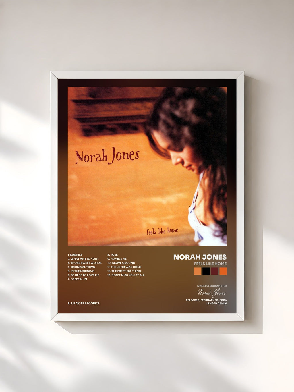 #blanc Tableau de l'album Feels Like Home de Norah Jones, cadre blanc, imprimé et encadré en France