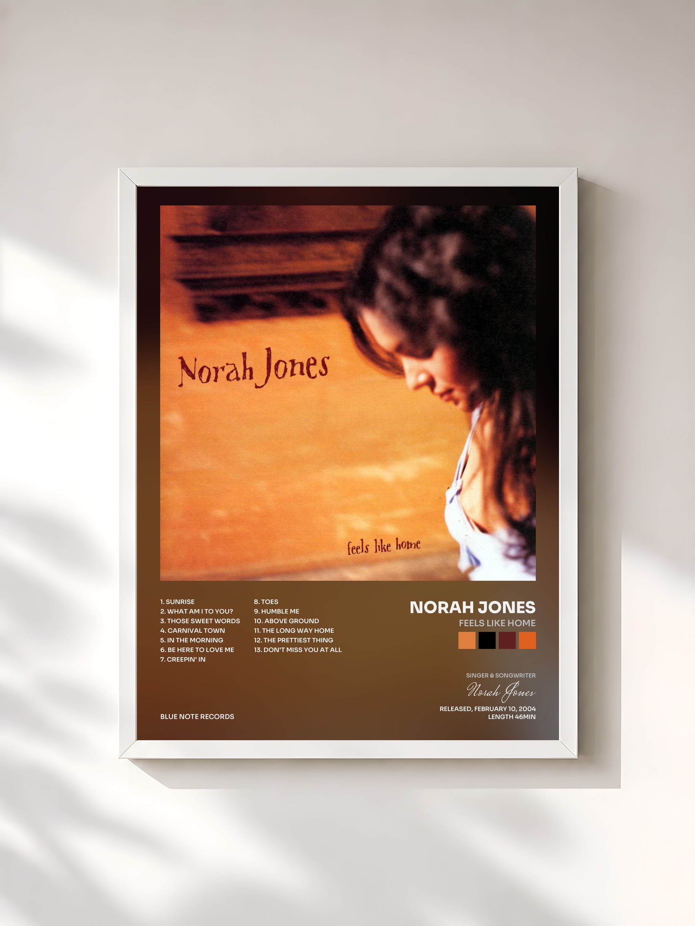 #blanc Feels Like Home by Norah Jones as a framed art print, white frame, printed and framed in France