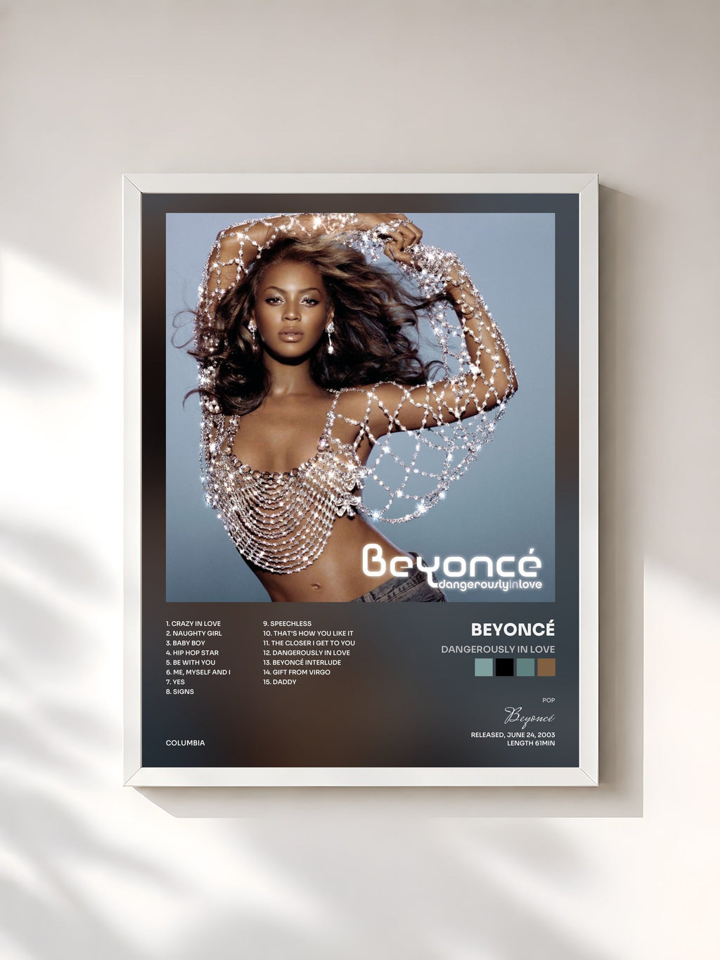 #blanc Tableau de l'album Dangerously In Love de Beyoncé, cadre blanc, imprimé et encadré en France