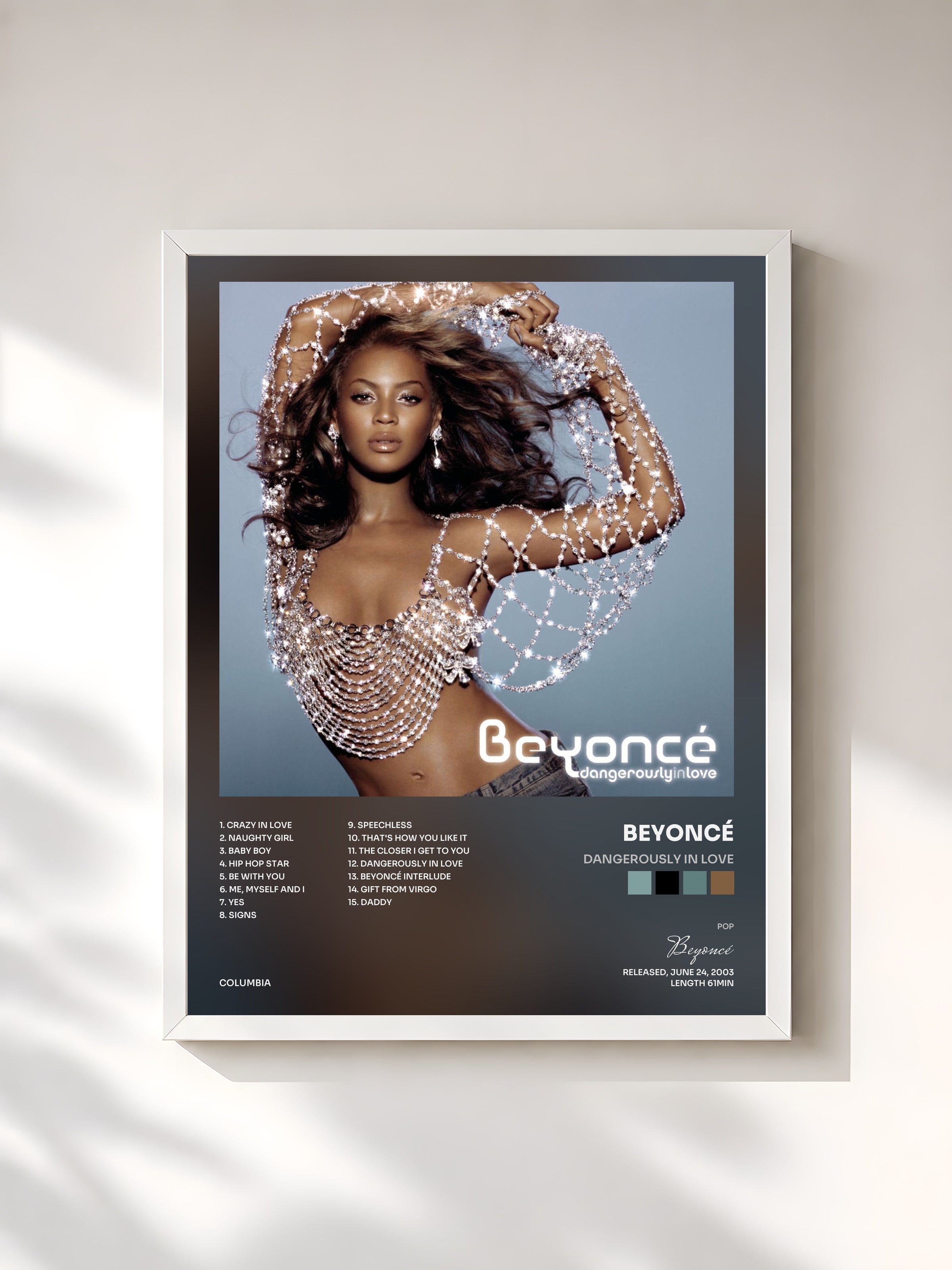 #blanc Tableau de l'album Dangerously In Love de Beyoncé, cadre blanc, imprimé et encadré en France