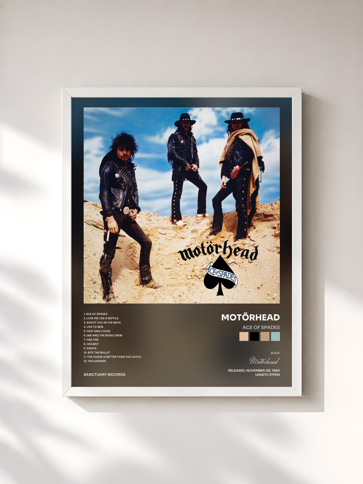#blanc Tableau de l'album Ace of Spades de Motörhead, cadre blanc, imprimé et encadré en France