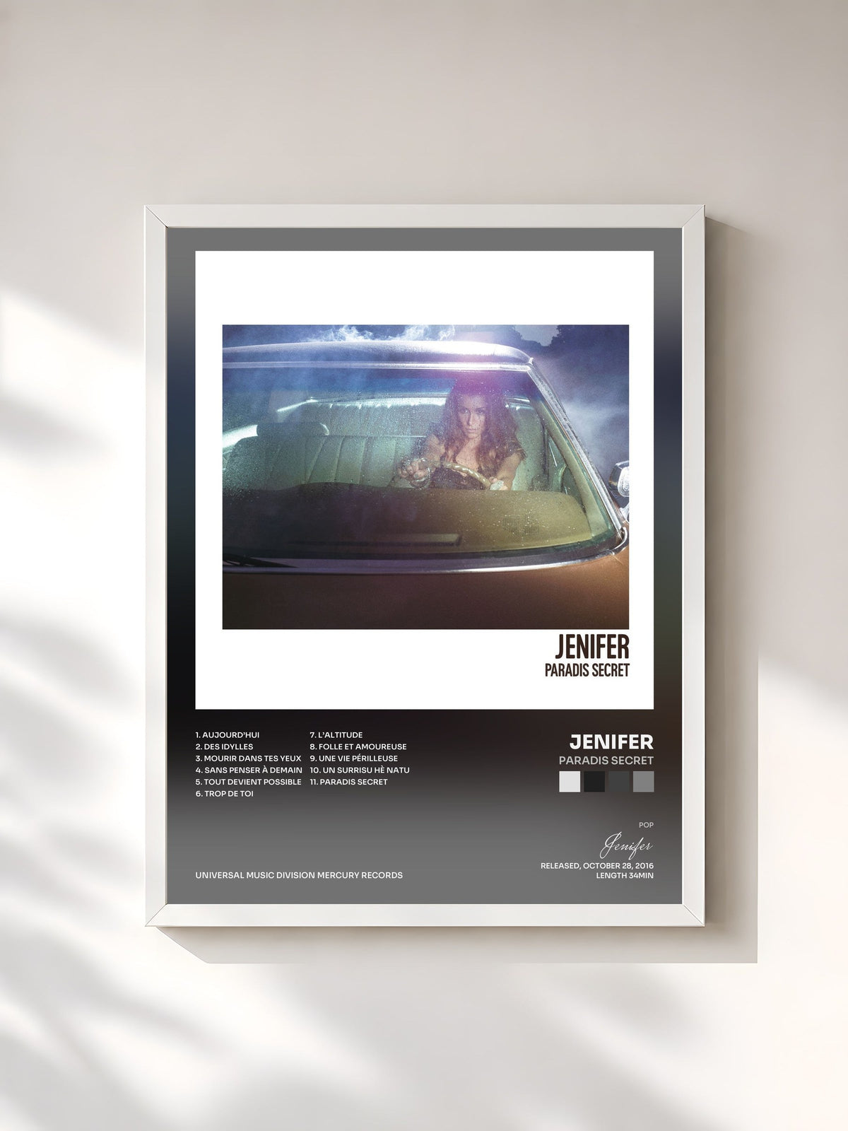 #blanc Tableau de l'album Paradis secret de Jenifer, cadre blanc, imprimé et encadré en France