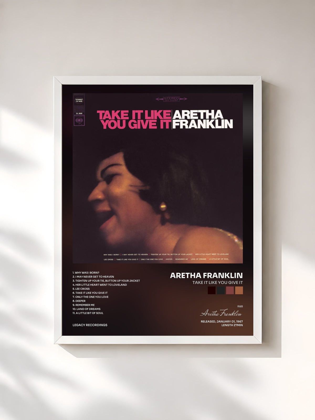 #blanc Tableau de l'album Take It Like You Give It de Aretha Franklin, cadre blanc, imprimé et encadré en France