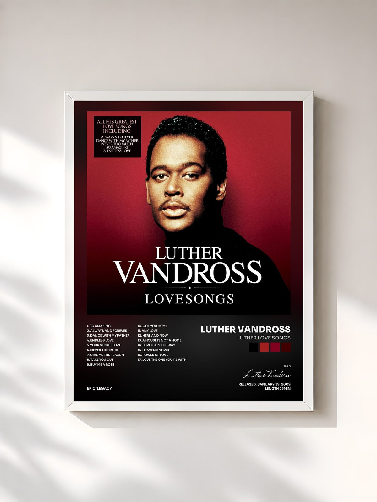 #blanc Tableau de l'album Luther Love Songs de Luther Vandross, cadre blanc, imprimé et encadré en France
