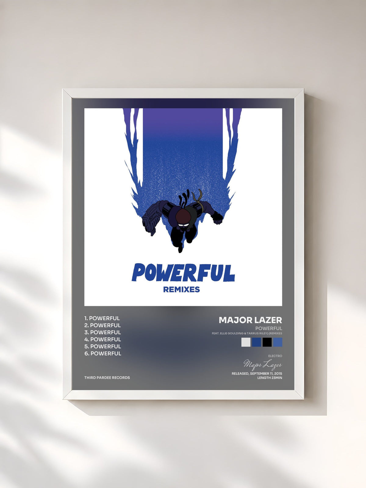 #blanc Tableau de l'album Powerful (feat. Ellie Goulding & Tarrus Riley) (Remixes) de Major Lazer, cadre blanc, imprimé et encadré en France