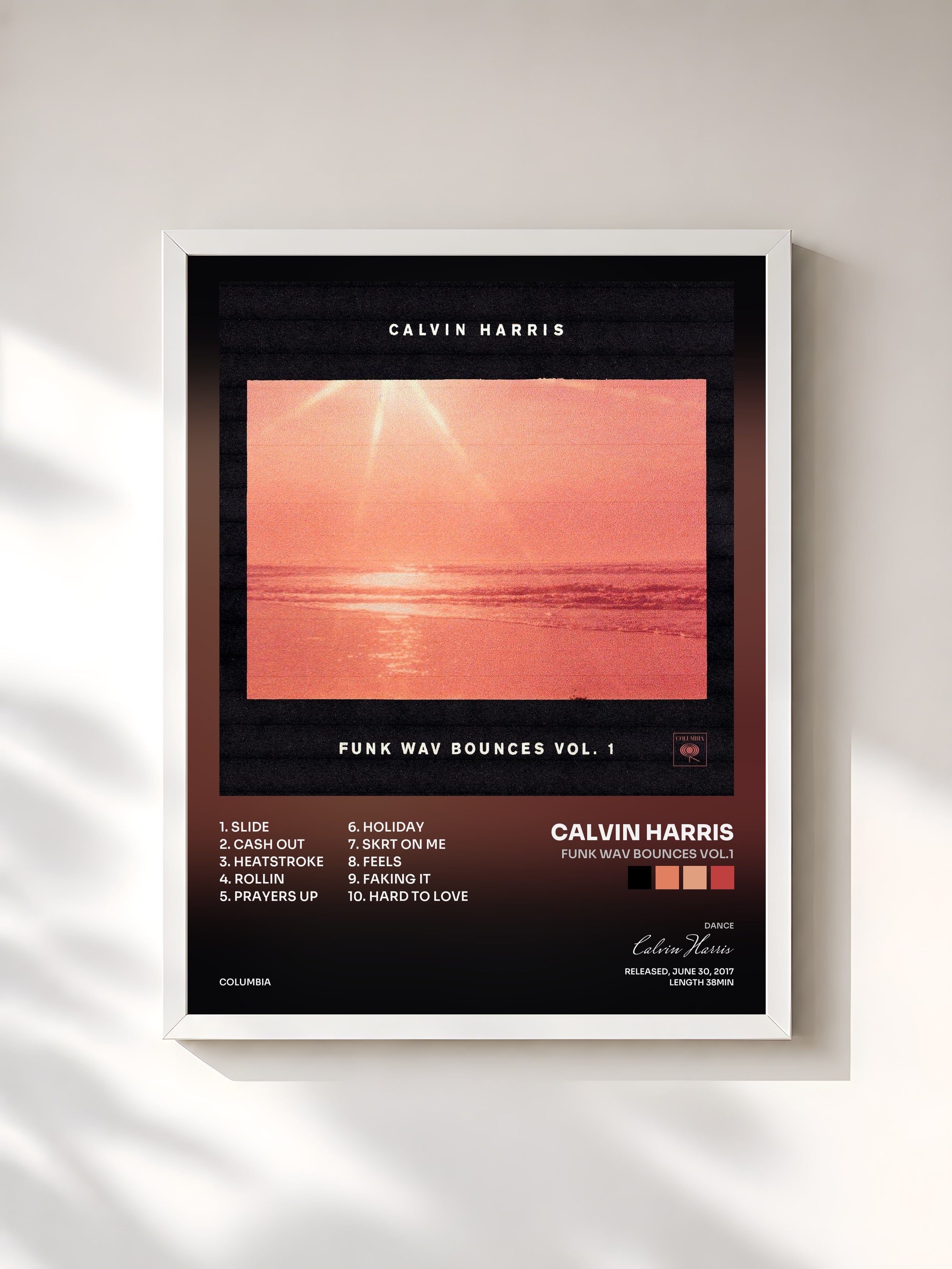 #blanc Tableau de l'album Funk Wav Bounces Vol.1 de Calvin Harris, cadre blanc, imprimé et encadré en France