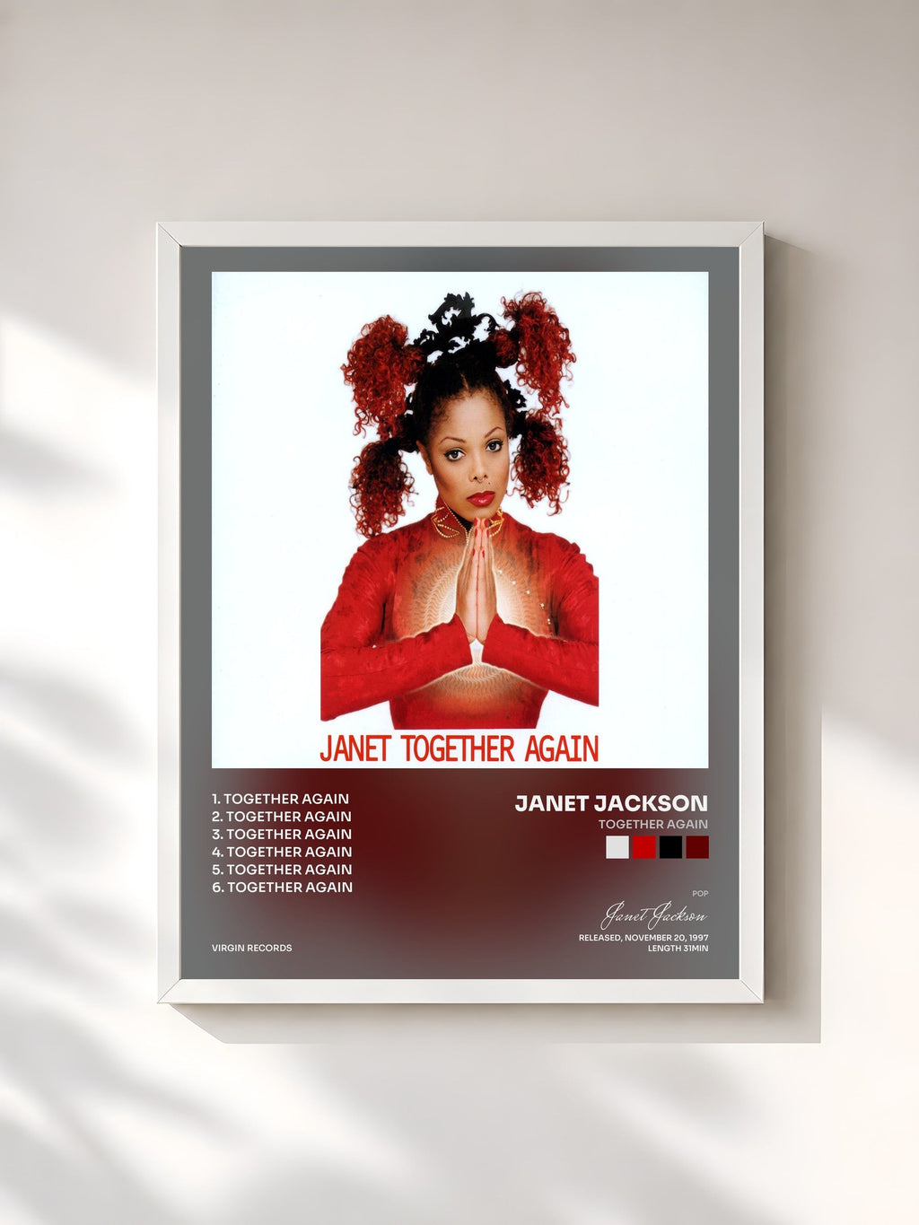 #blanc Tableau de l'album Together Again de Janet Jackson, cadre blanc, imprimé et encadré en France