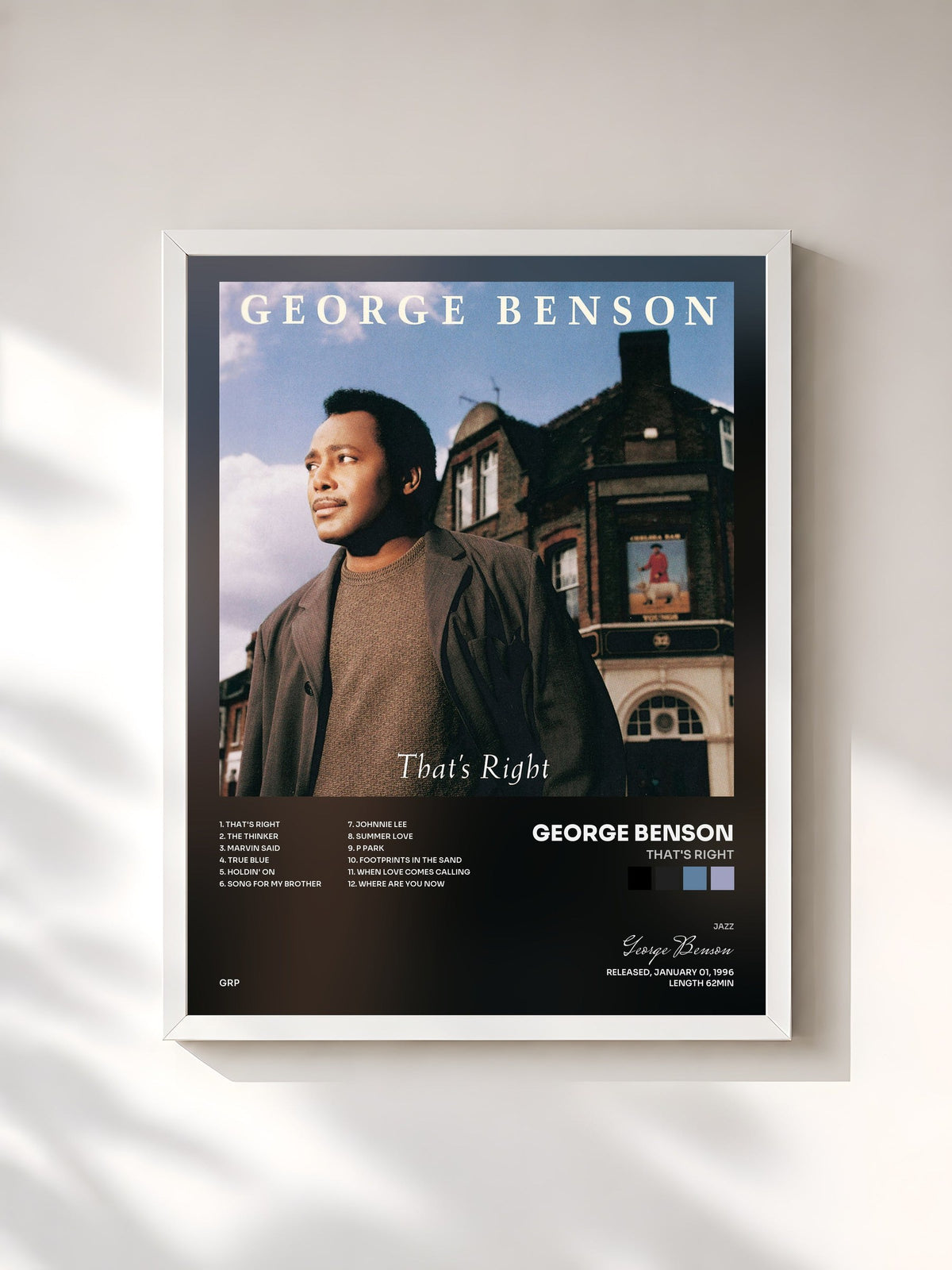 #blanc Tableau de l'album That's Right de George Benson, cadre blanc, imprimé et encadré en France