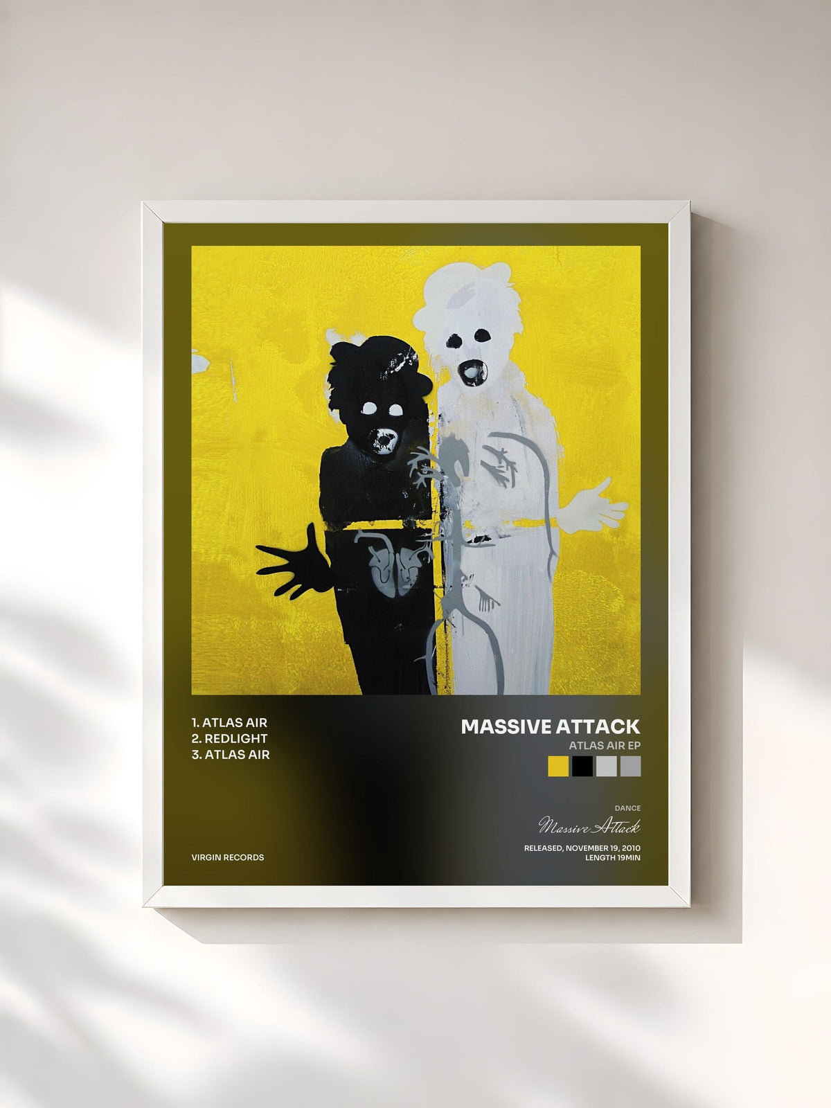 #blanc Tableau de l'album Atlas Air EP de Massive Attack, cadre blanc, imprimé et encadré en France