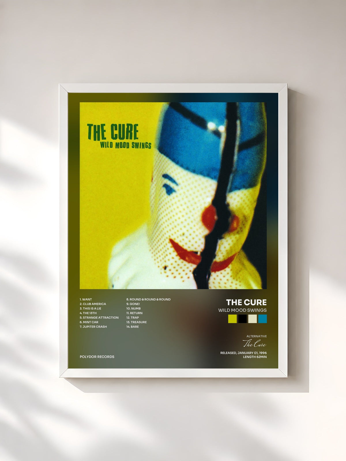 #blanc Tableau de l'album Wild Mood Swings de The Cure, cadre blanc, imprimé et encadré en France