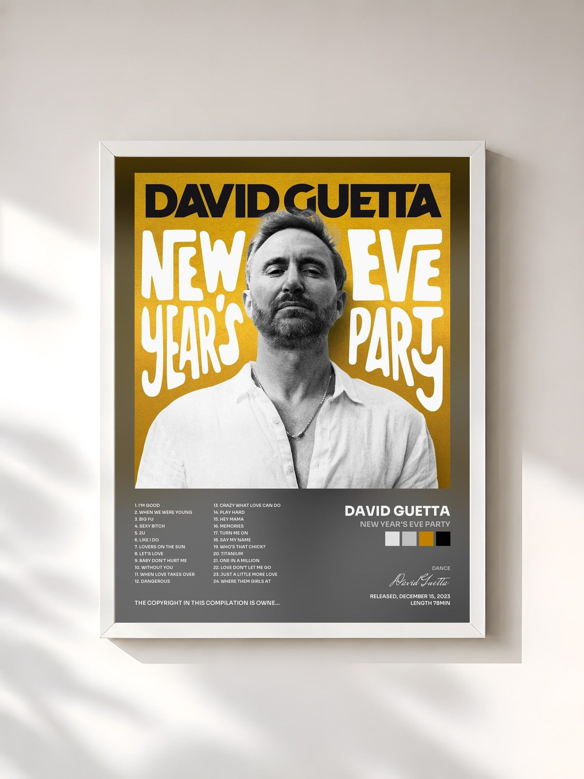 #blanc Tableau de l'album New Year's Eve Party de David Guetta, cadre blanc, imprimé et encadré en France