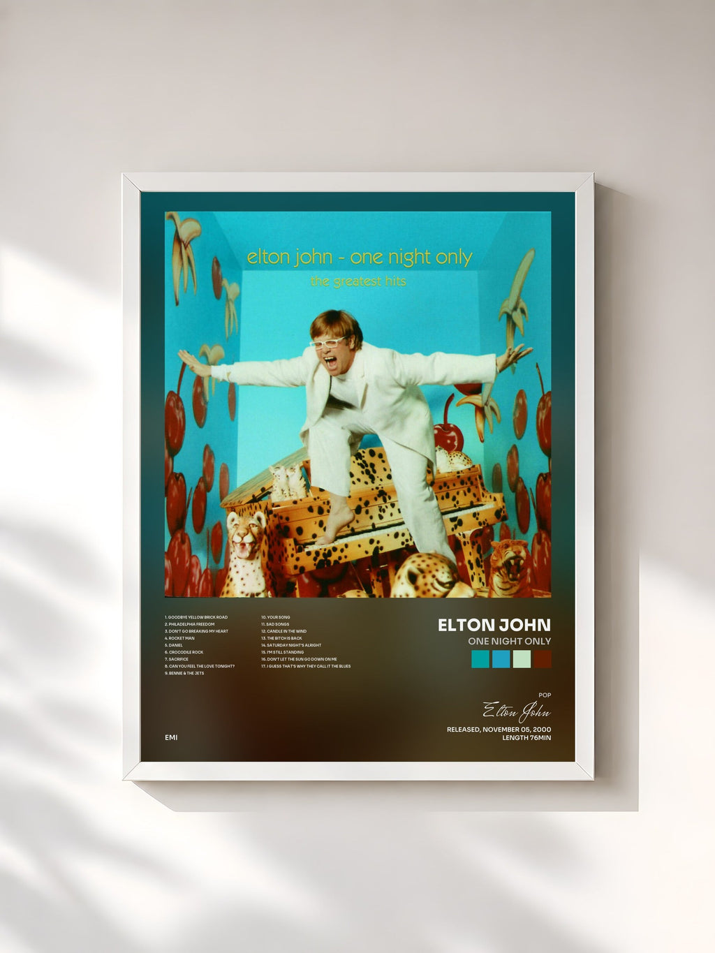 #blanc Tableau de l'album One Night Only de Elton John, cadre blanc, imprimé et encadré en France