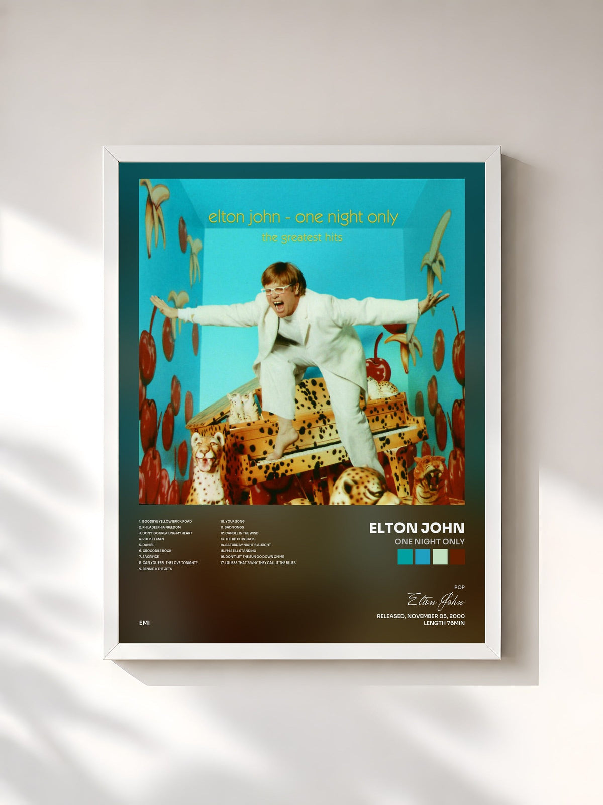 #blanc Tableau de l'album One Night Only de Elton John, cadre blanc, imprimé et encadré en France