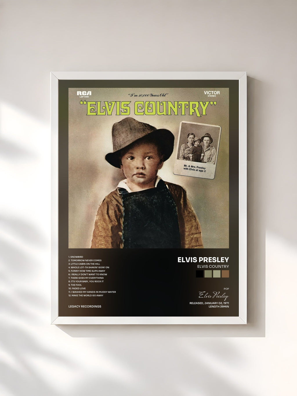 #blanc Elvis Country de Elvis Presley en lámina enmarcada, marco blanco, impresa y enmarcada en Francia