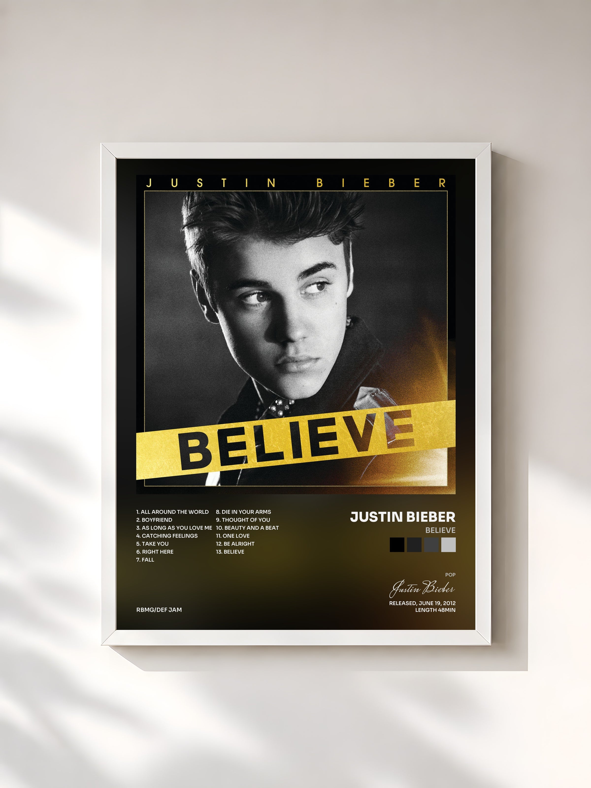 #blanc Believe di Justin Bieber in stampa incorniciata, cornice bianca, stampata e incorniciata in Francia