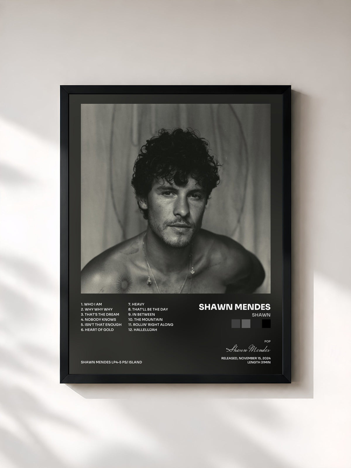 #noir Tableau de l'album Shawn de Shawn Mendes, cadre noir, imprimé et encadré en France