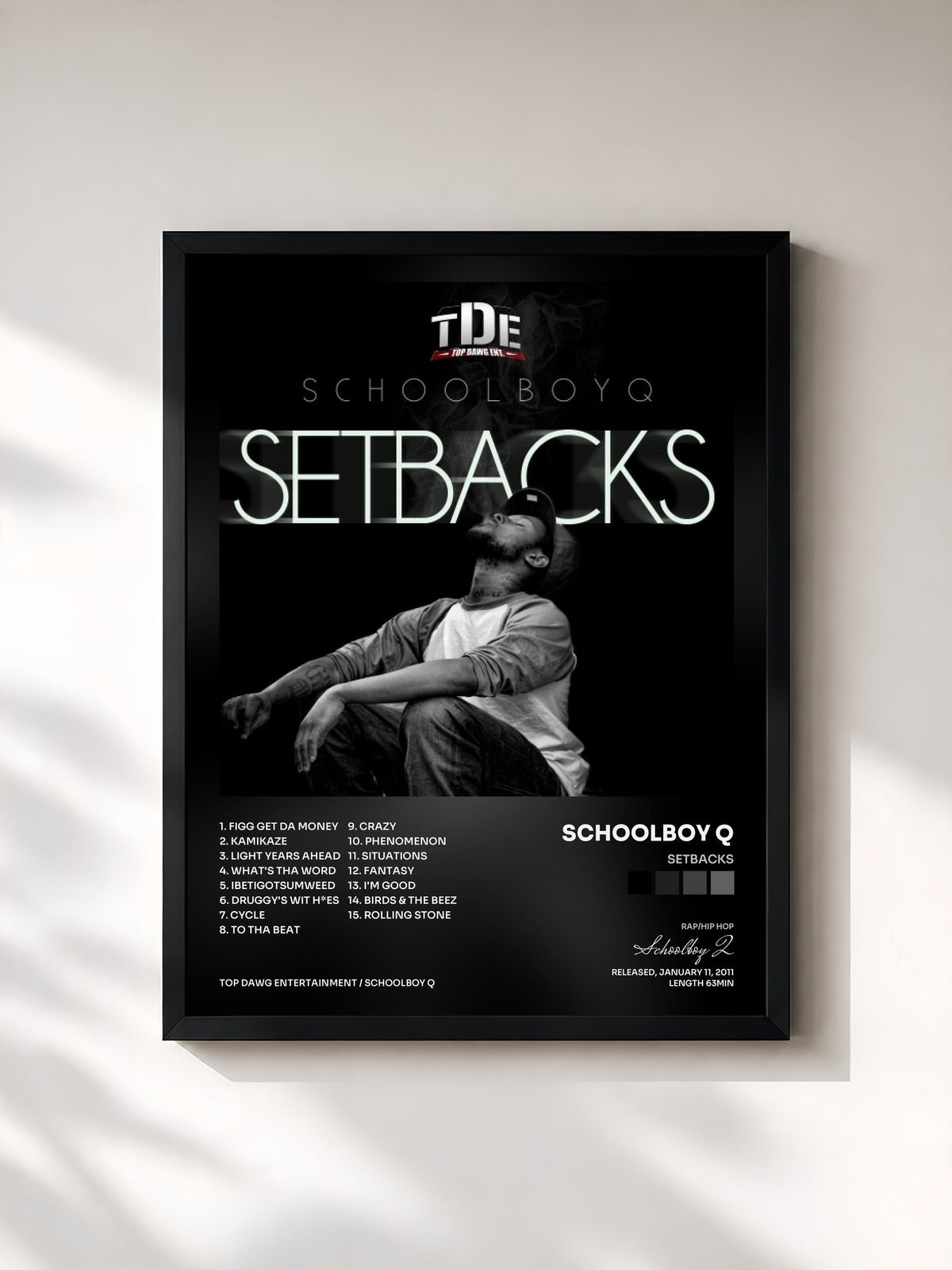 #noir Tableau de l'album Setbacks de Schoolboy Q, cadre noir, imprimé et encadré en France