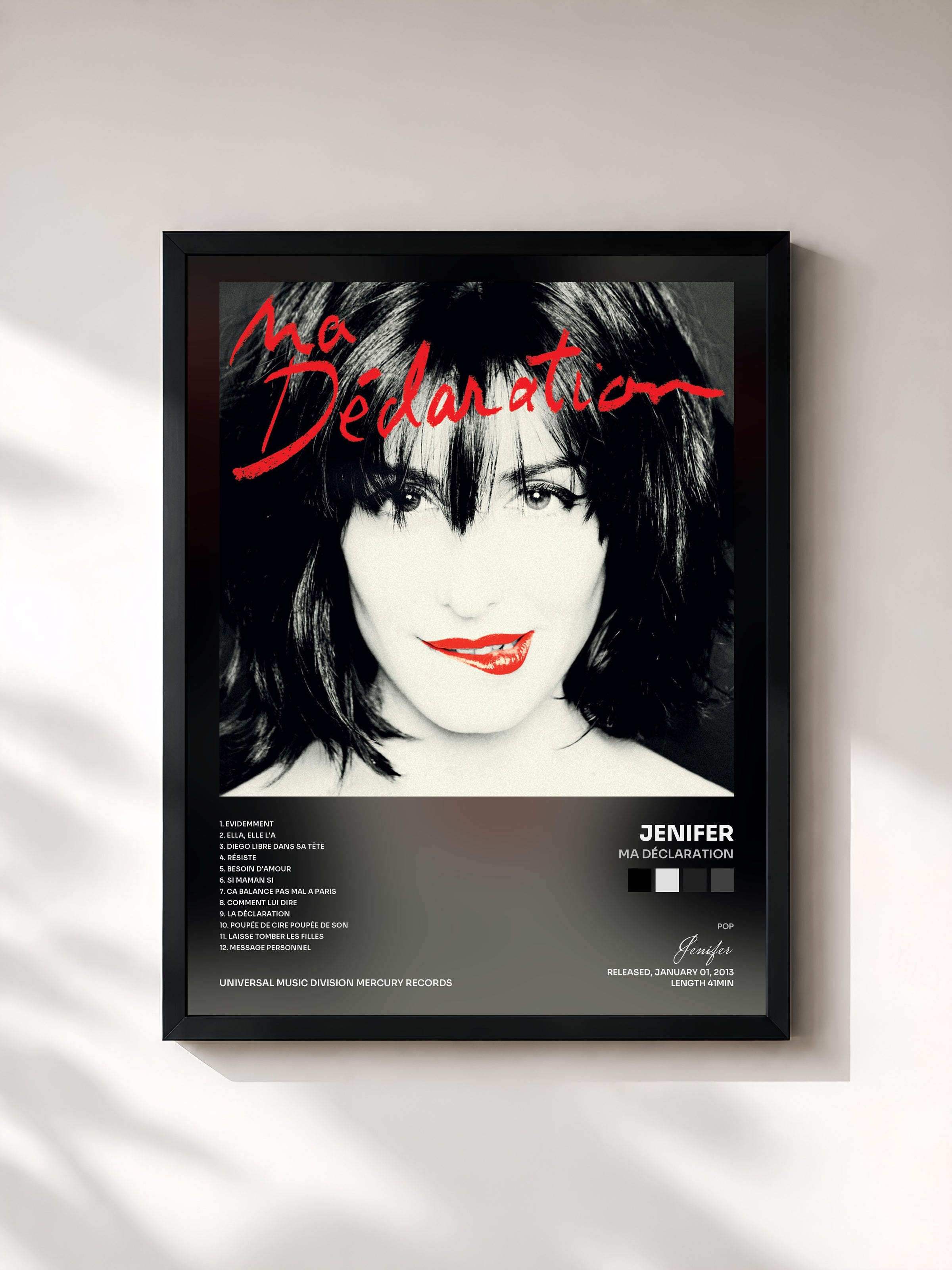 #noir Tableau de l'album Ma Déclaration de Jenifer, cadre noir, imprimé et encadré en France