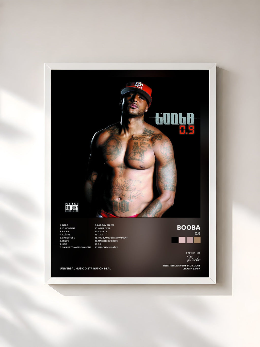 #blanc Tableau de l'album 0.9 de Booba, cadre blanc, imprimé et encadré en France