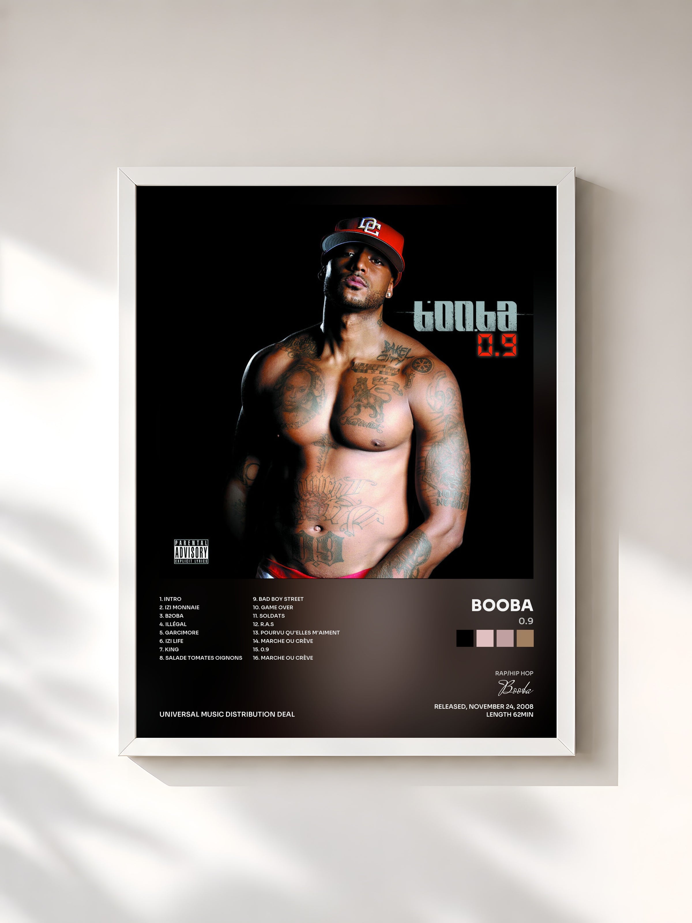 #blanc Tableau de l'album 0.9 de Booba, cadre blanc, imprimé et encadré en France
