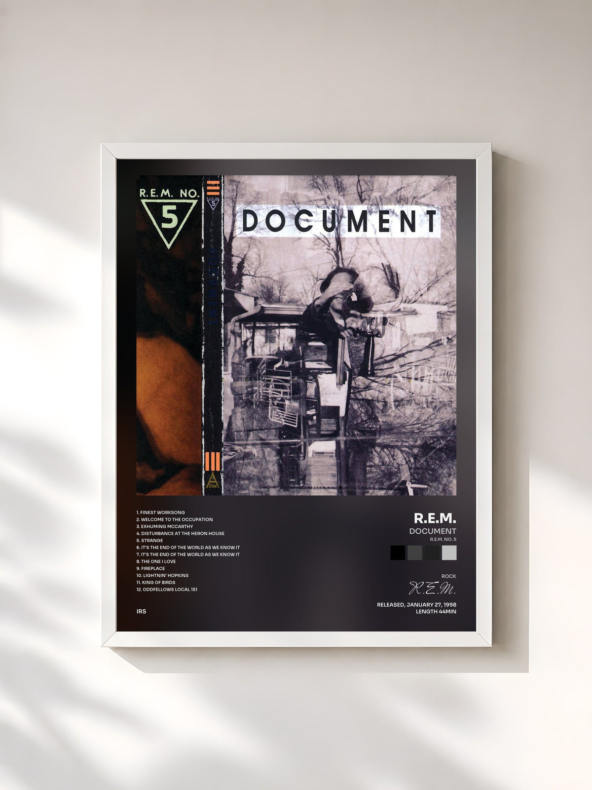 #blanc Tableau de l'album Document (R.E.M. No. 5) de R.E.M., cadre blanc, imprimé et encadré en France
