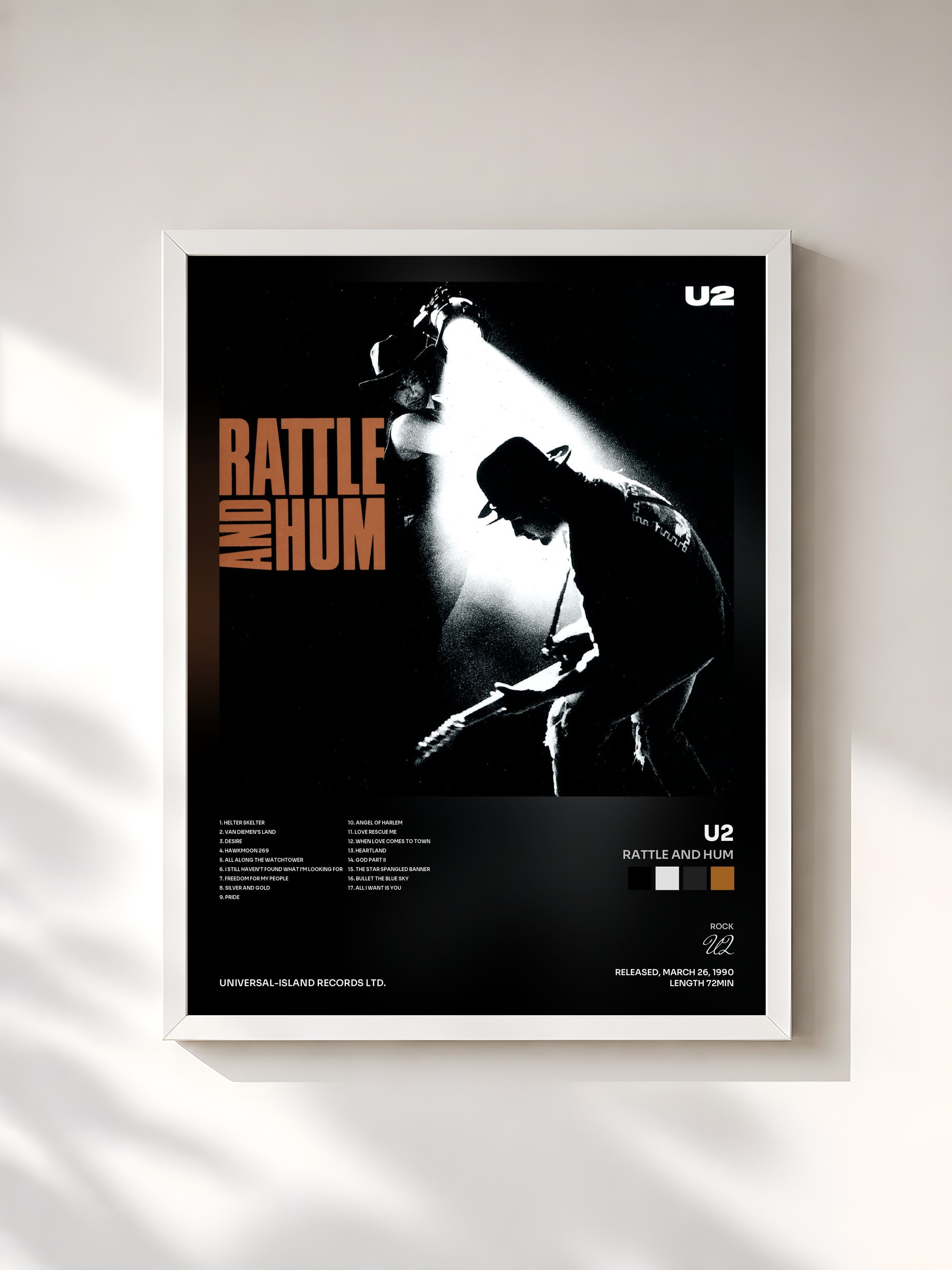 #blanc Rattle And Hum by U2 as a framed art print, white frame, printed and framed in France