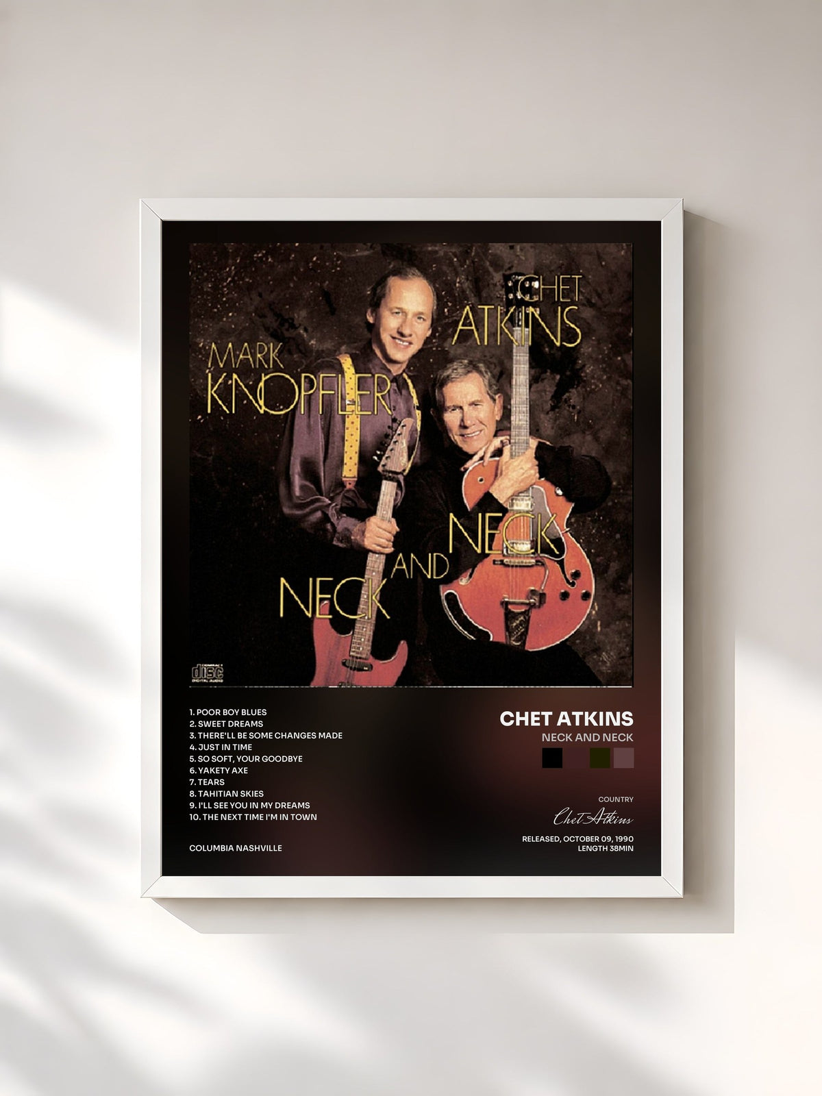 #blanc Tableau de l'album Neck And Neck de Chet Atkins, cadre blanc, imprimé et encadré en France