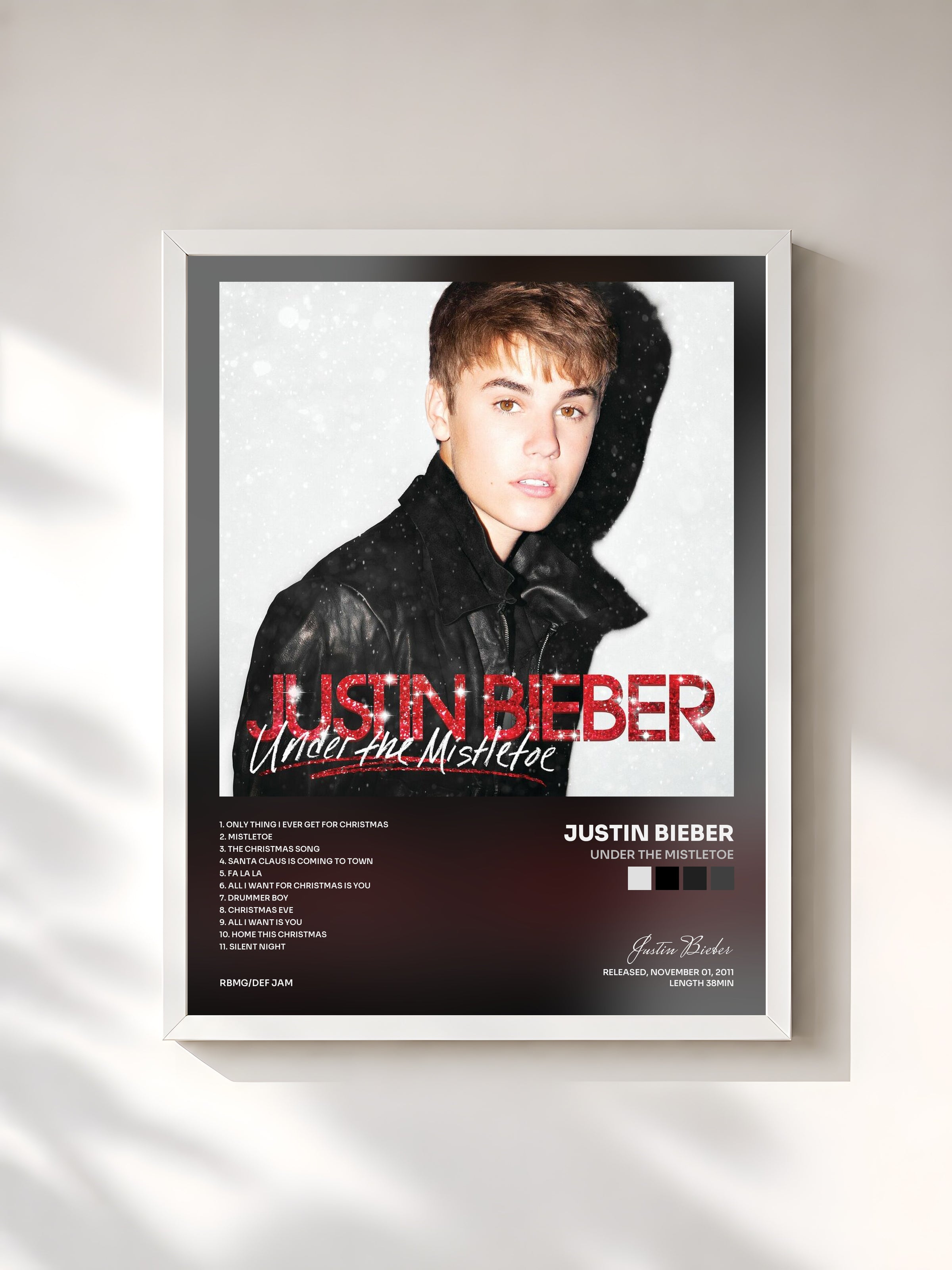 #blanc Tableau de l'album Under The Mistletoe de Justin Bieber, cadre blanc, imprimé et encadré en France
