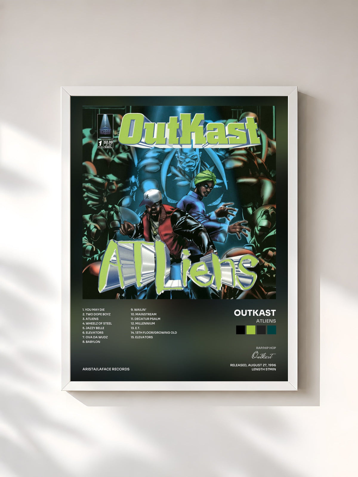 #blanc Tableau de l'album ATLiens de Outkast, cadre blanc, imprimé et encadré en France