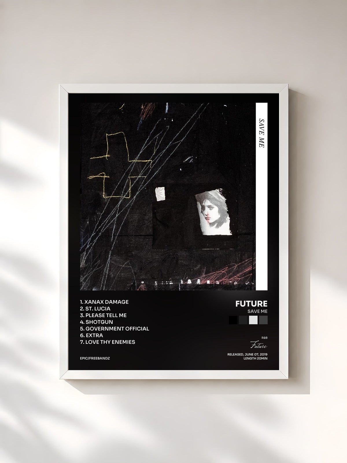 #blanc Tableau de l'album SAVE ME de Future, cadre blanc, imprimé et encadré en France